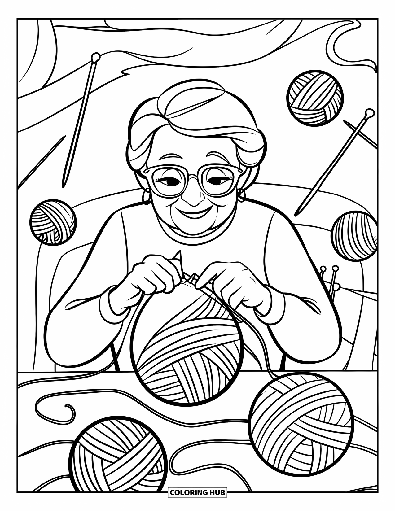 Grandma Coloring Page for Kids: Needles clicking, Grandma knits joyfully with a warm heart