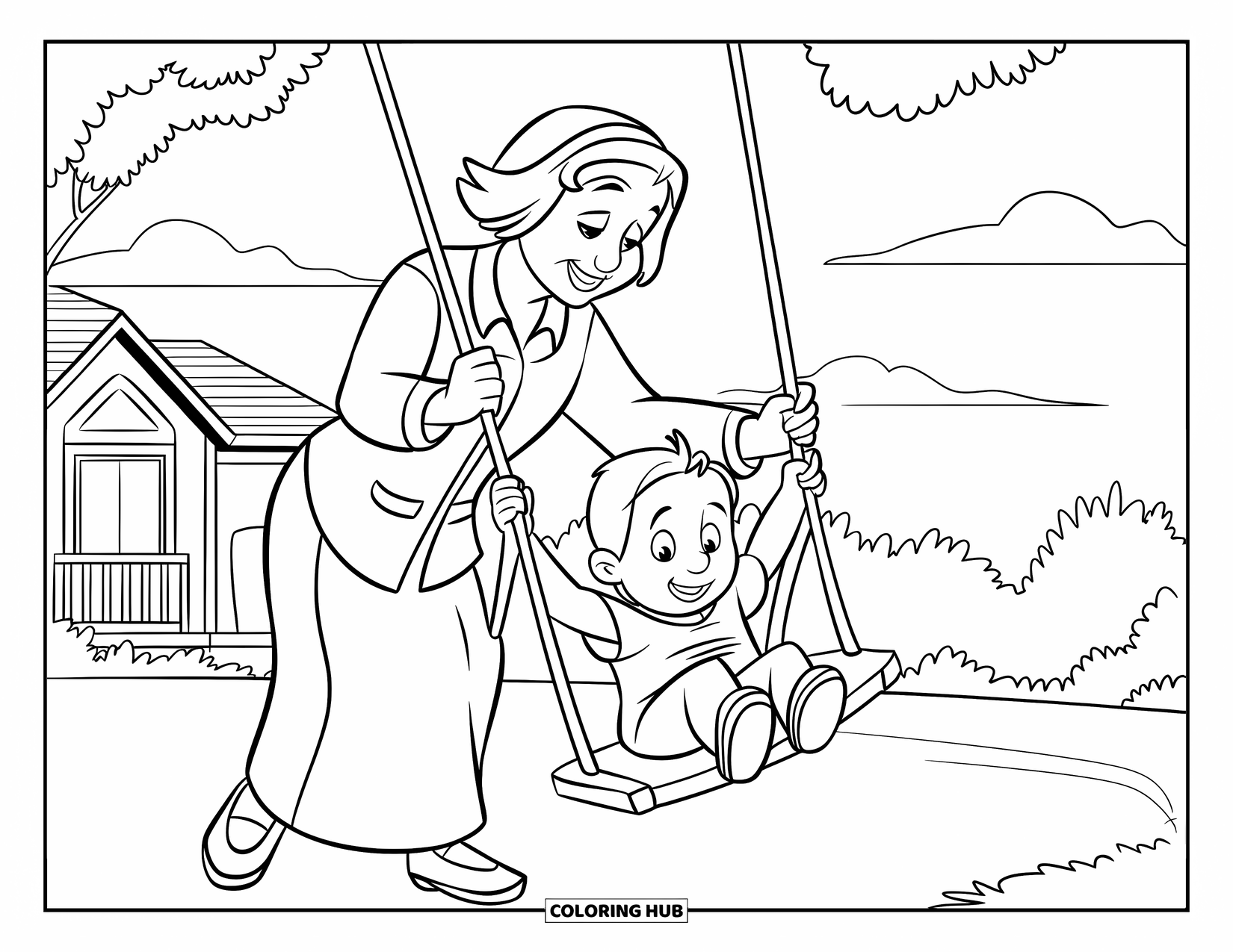Grandma Coloring Page for Kids: Smiles fly high as Grandma pushes the swing in the backyard