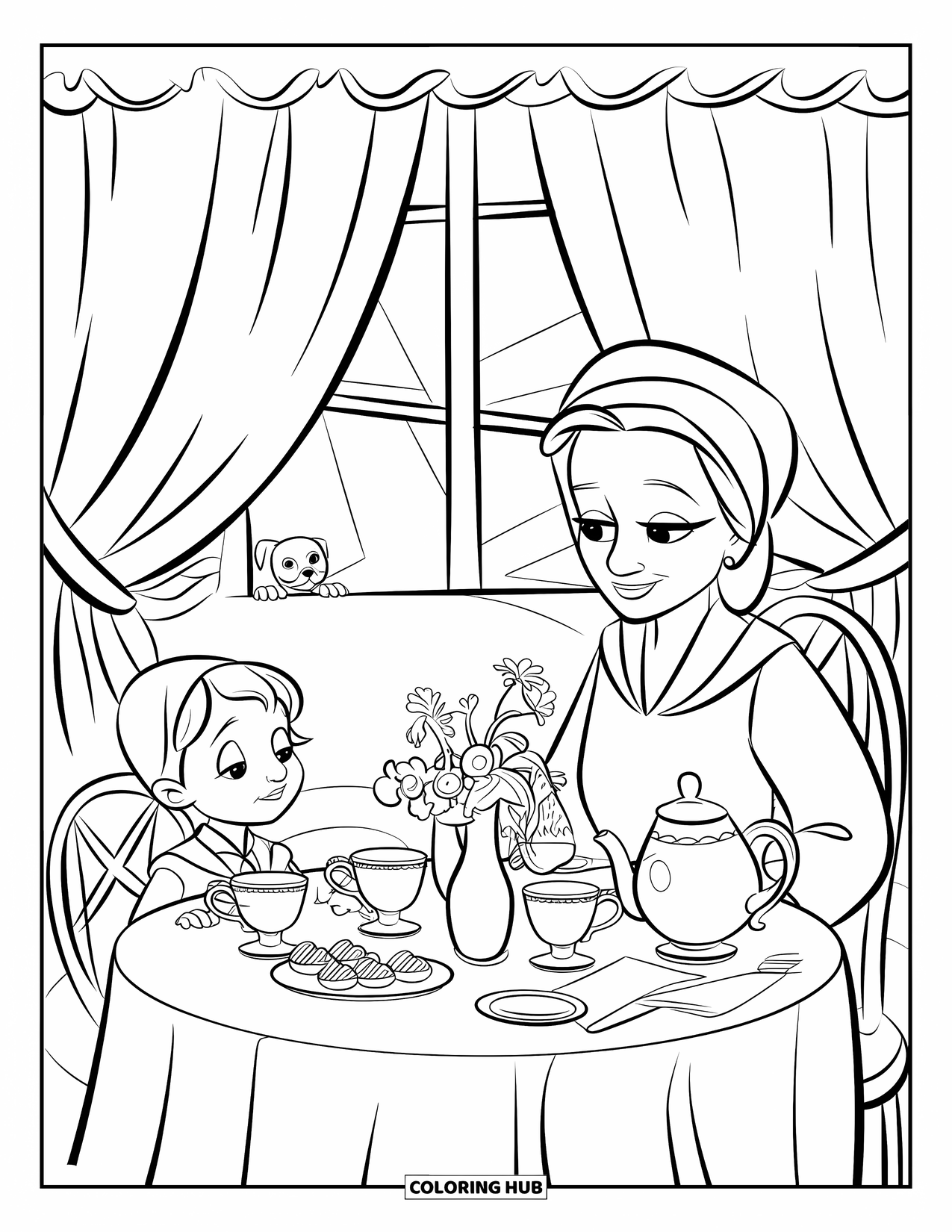 Grandma Coloring Page for Kids: Smiling faces and tea cups at a cozy table for two