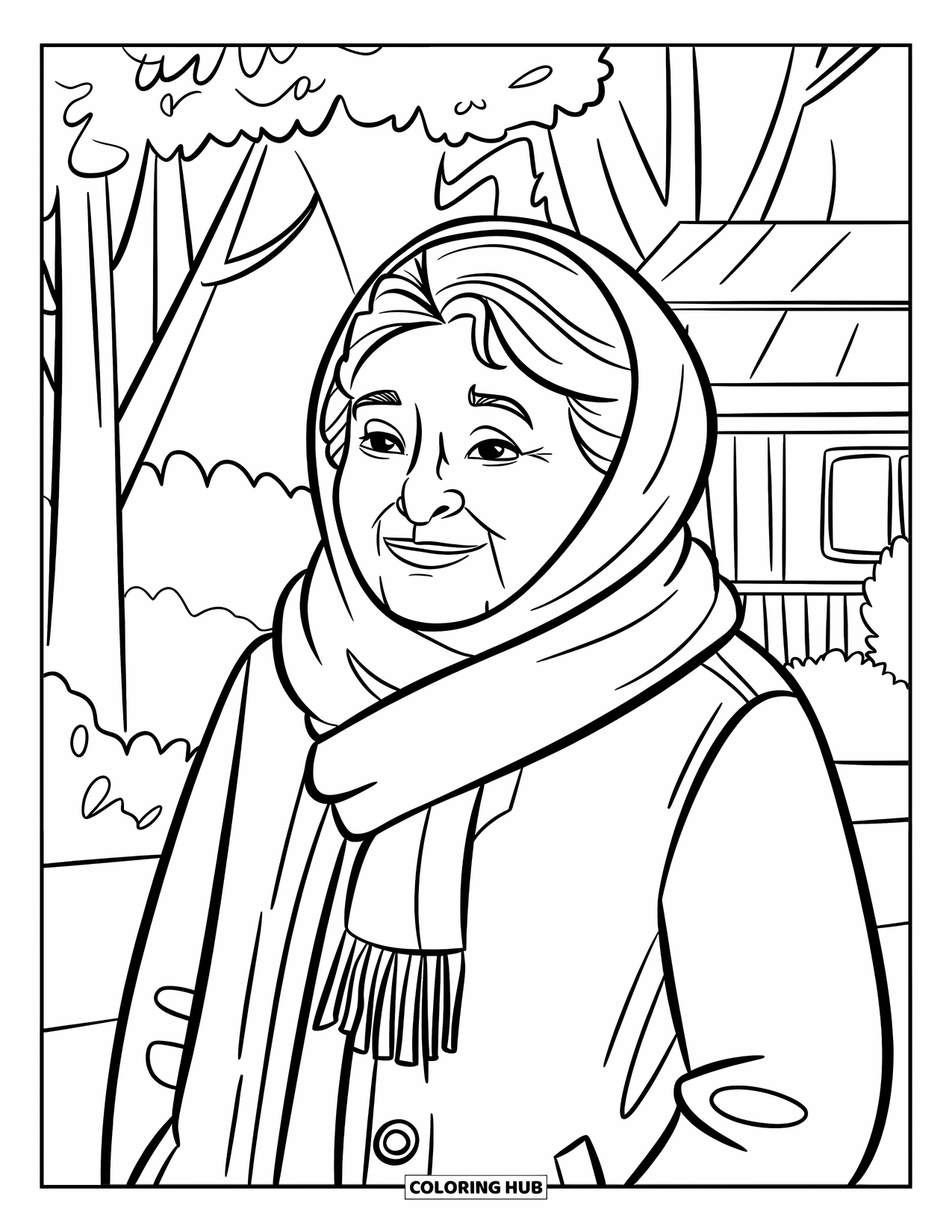 Grandma Coloring Page for Kids: Snowy sidewalks and warm smiles as Grandma enjoys a winter day