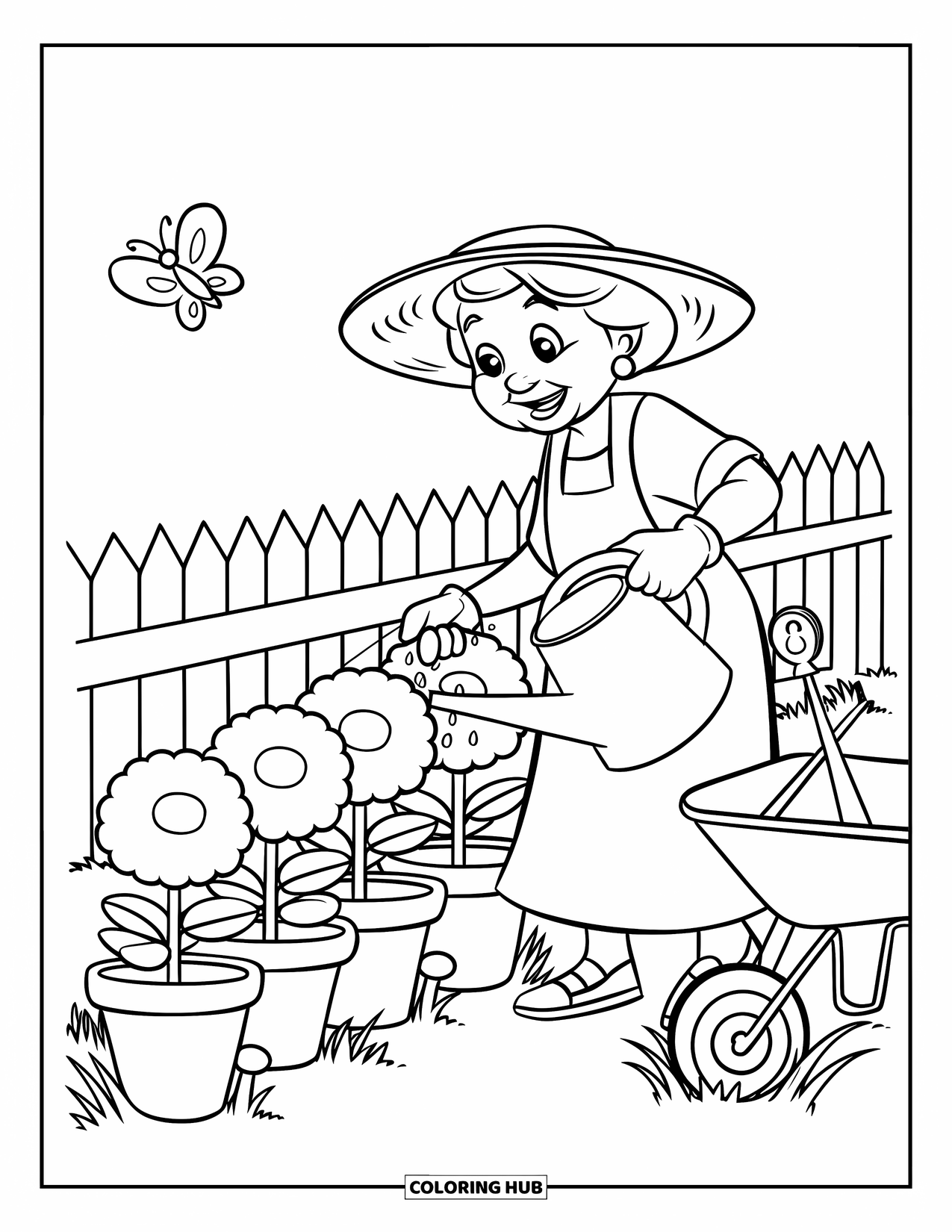 Grandma Coloring Page for Kids: Sunhat-wearing Grandma waters flowers while a butterfly floats above