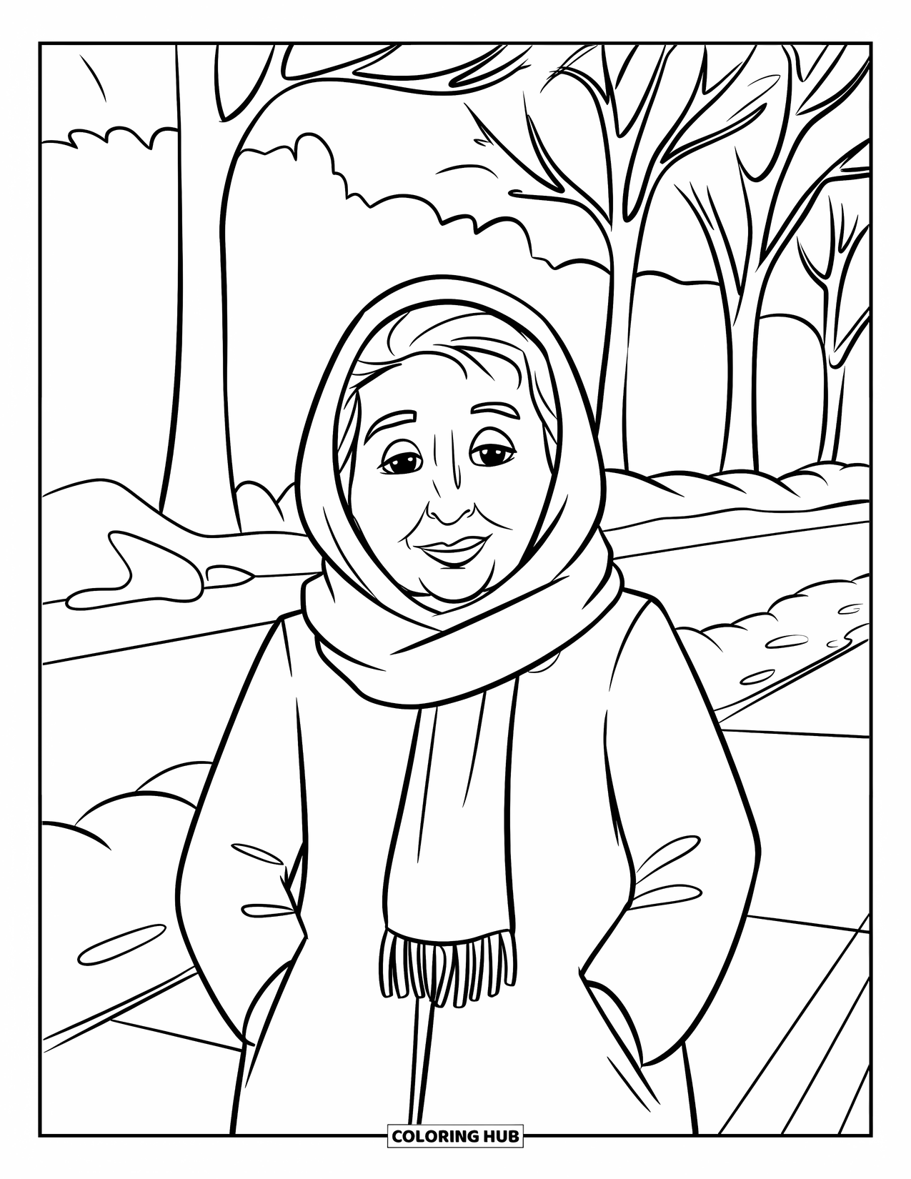 Grandma Coloring Page for Kids: Winter trees and cozy scarves wrap around Grandma outdoors