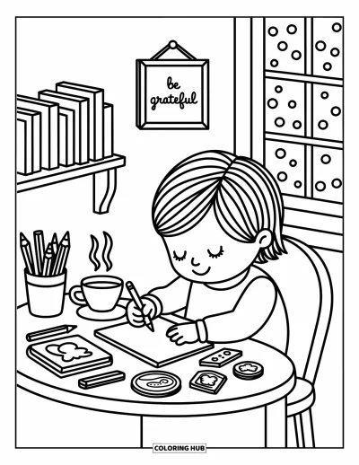 Grateful Coloring Page for Adults: A child writes happily by the window beneath a "Be Grateful" sign