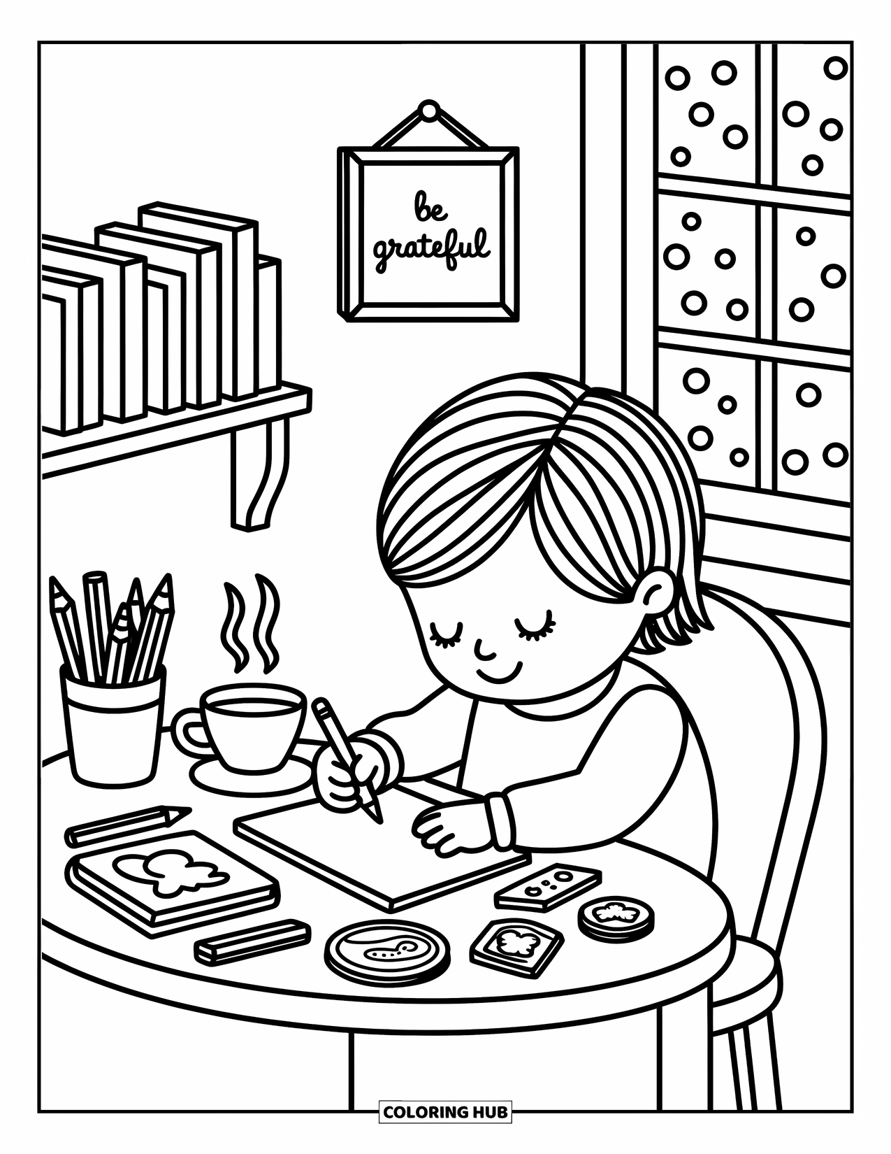 Grateful Coloring Page for Adults: A child writes happily by the window beneath a "Be Grateful" sign