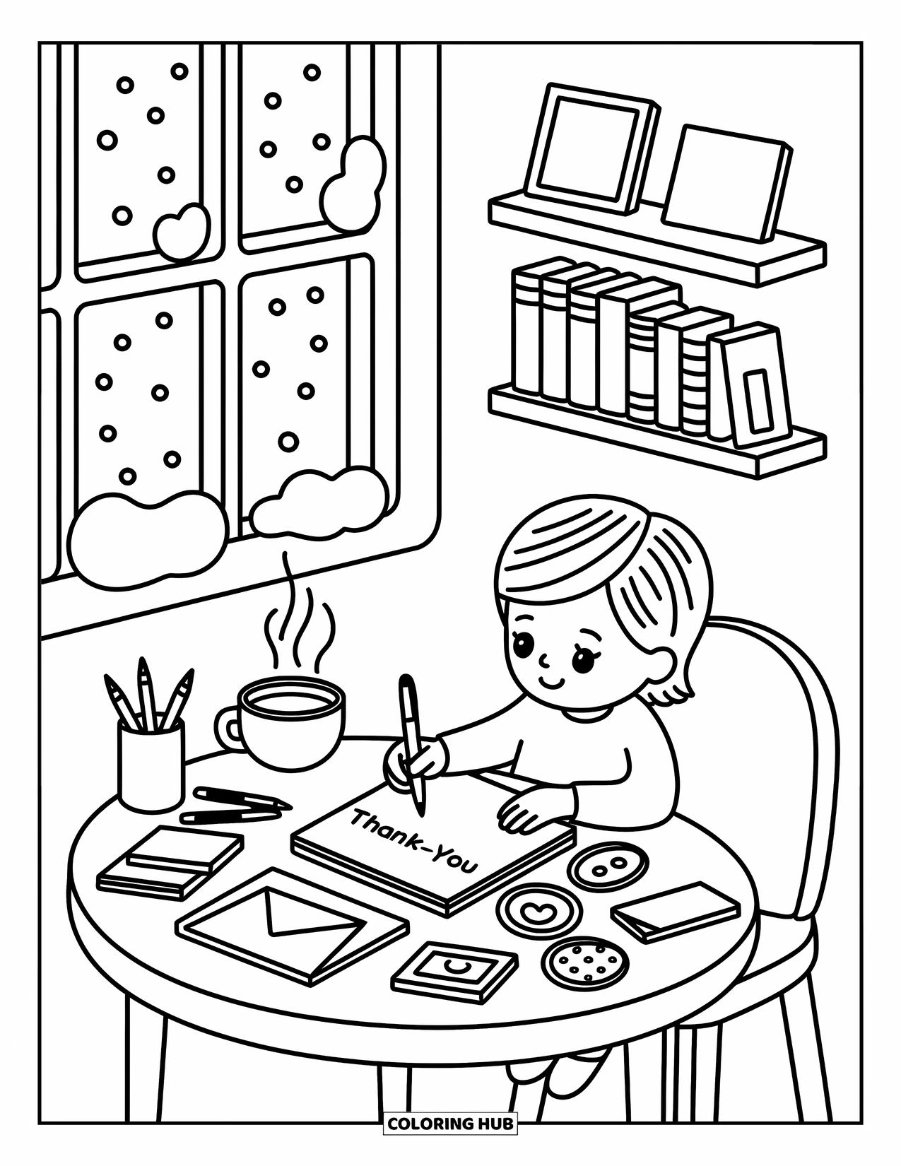 Grateful Coloring Page for Adults: A child writes thank-you notes at a cozy desk beside a steaming cup of tea