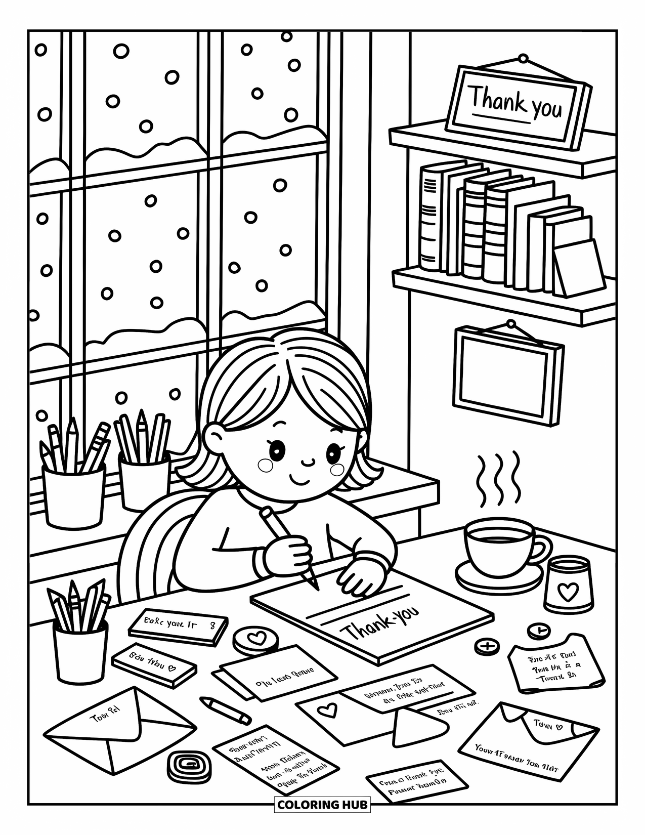 Grateful Coloring Page for Adults: A cozy desk scene with letters, tea, and a gentle "Be Grateful" reminder