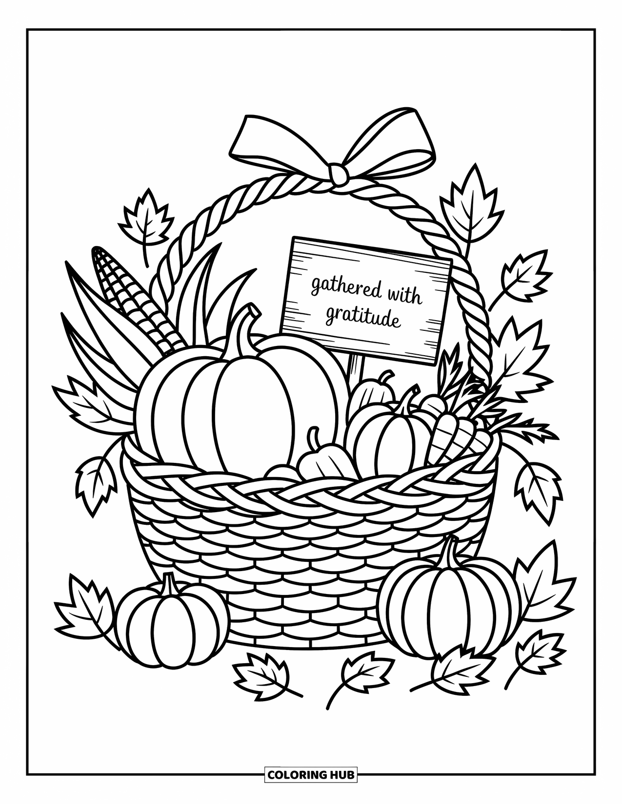 Grateful Coloring Page for Adults: A harvest basket and fallen leaves celebrate the message "Gathered with Gratitude"