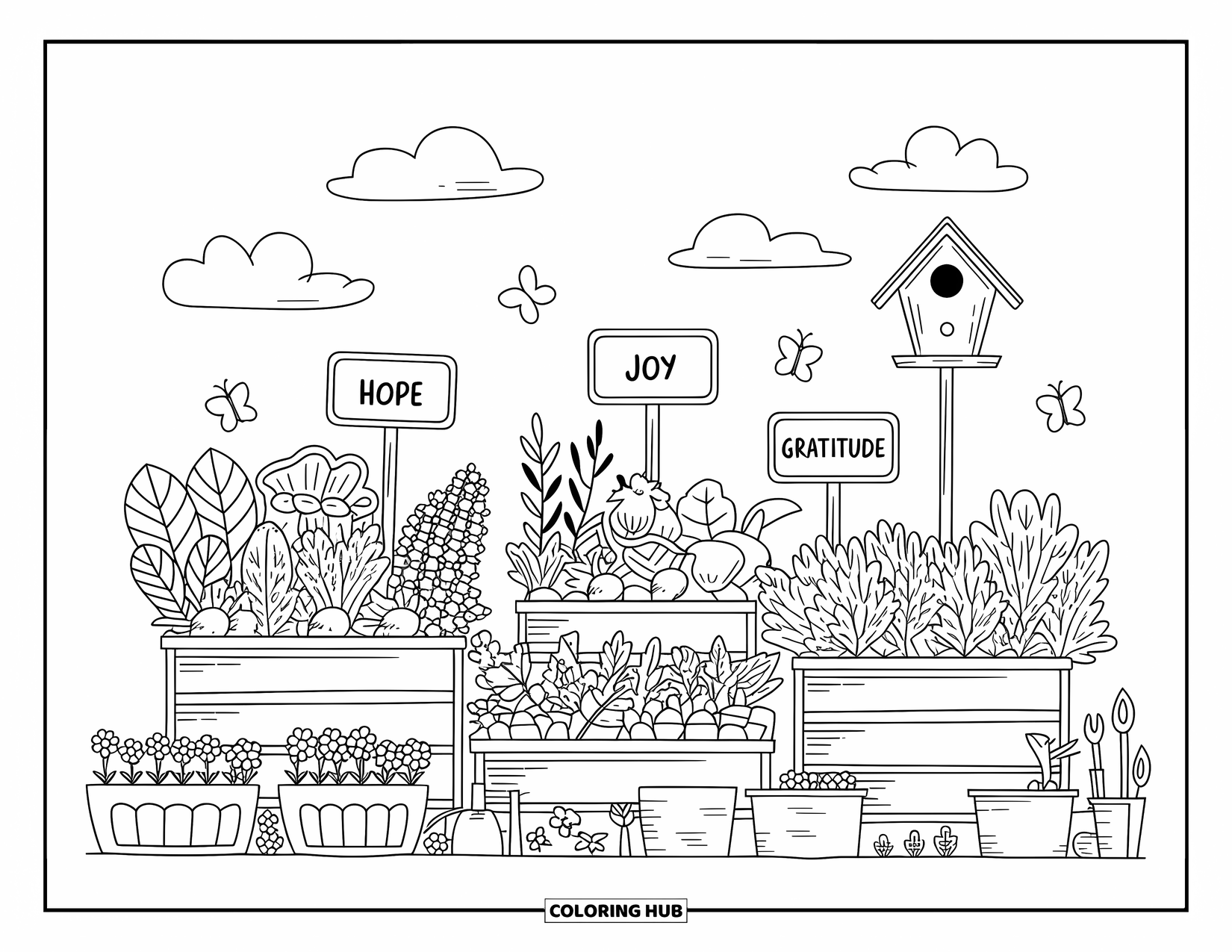 Grateful Coloring Page for Adults: A shared garden blooms with signs of "Hope," "Joy," and "Gratitude"