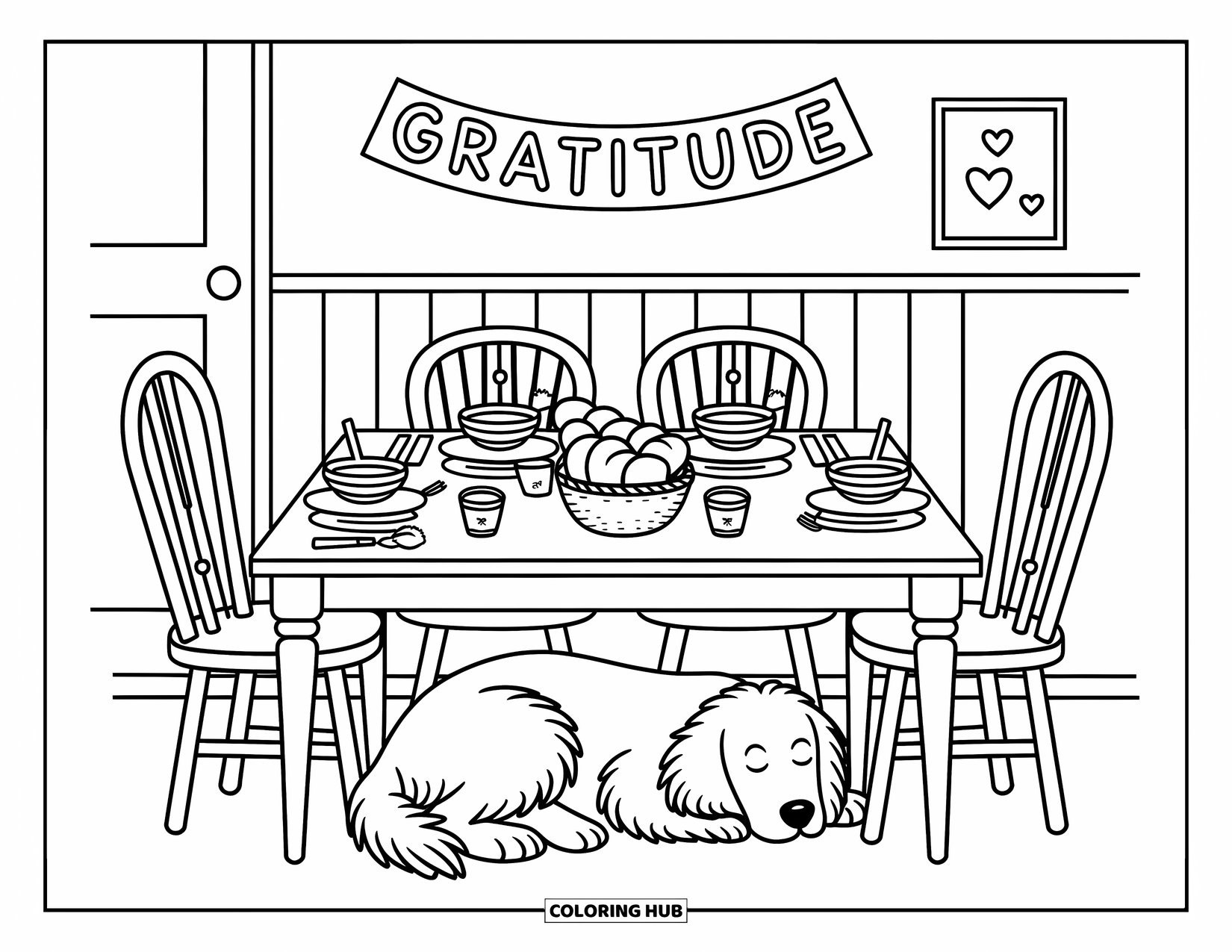 Grateful Coloring Page for Adults: A warm dining room awaits a meal beneath a banner that says "Gratitude"