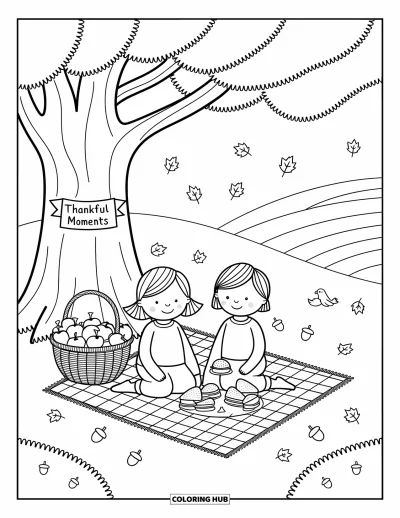 Grateful Coloring Page for Adults: Children share snacks under a tree with a "Thankful Moments" banner above