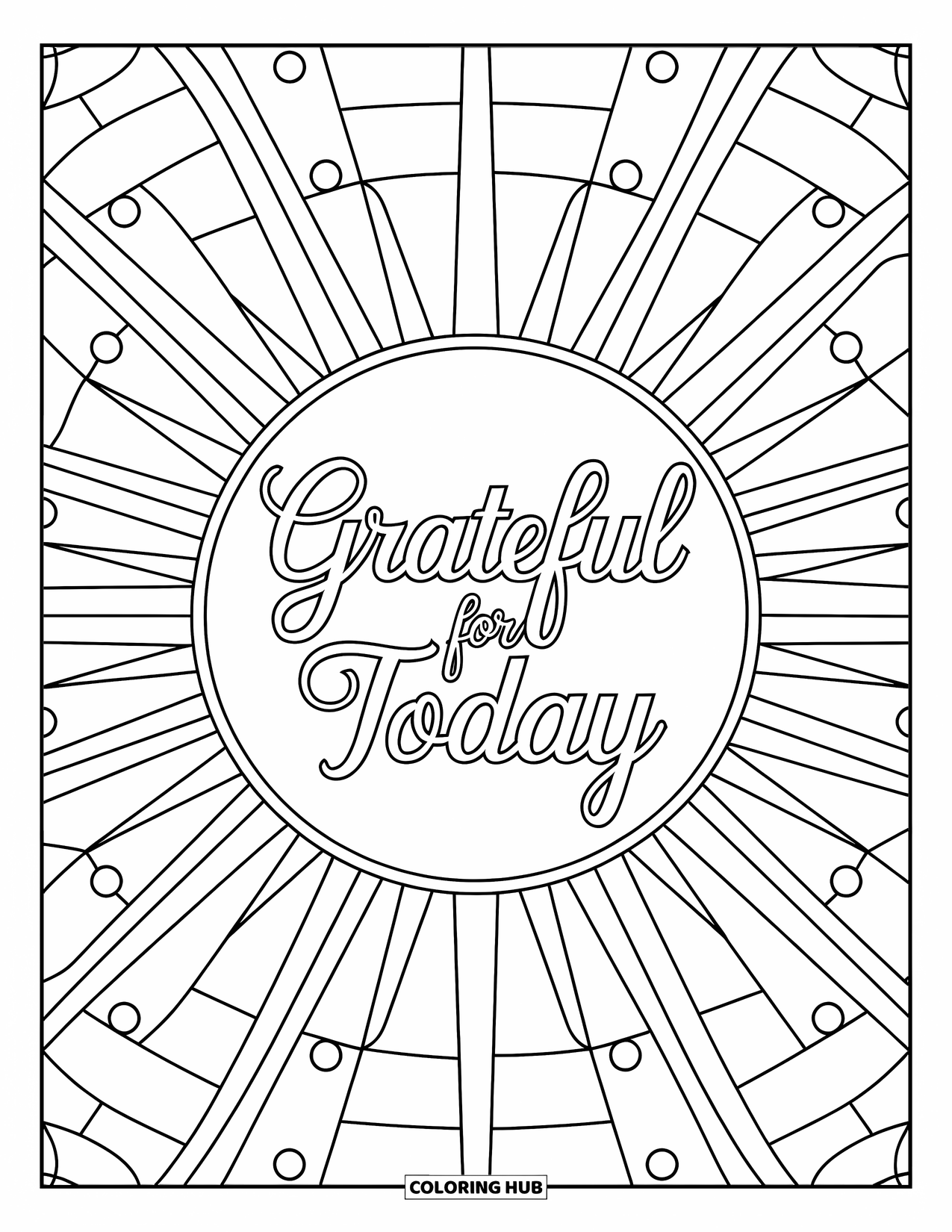 Grateful Coloring Page for Adults: Light rays surround elegant lettering that says "Grateful for Today"