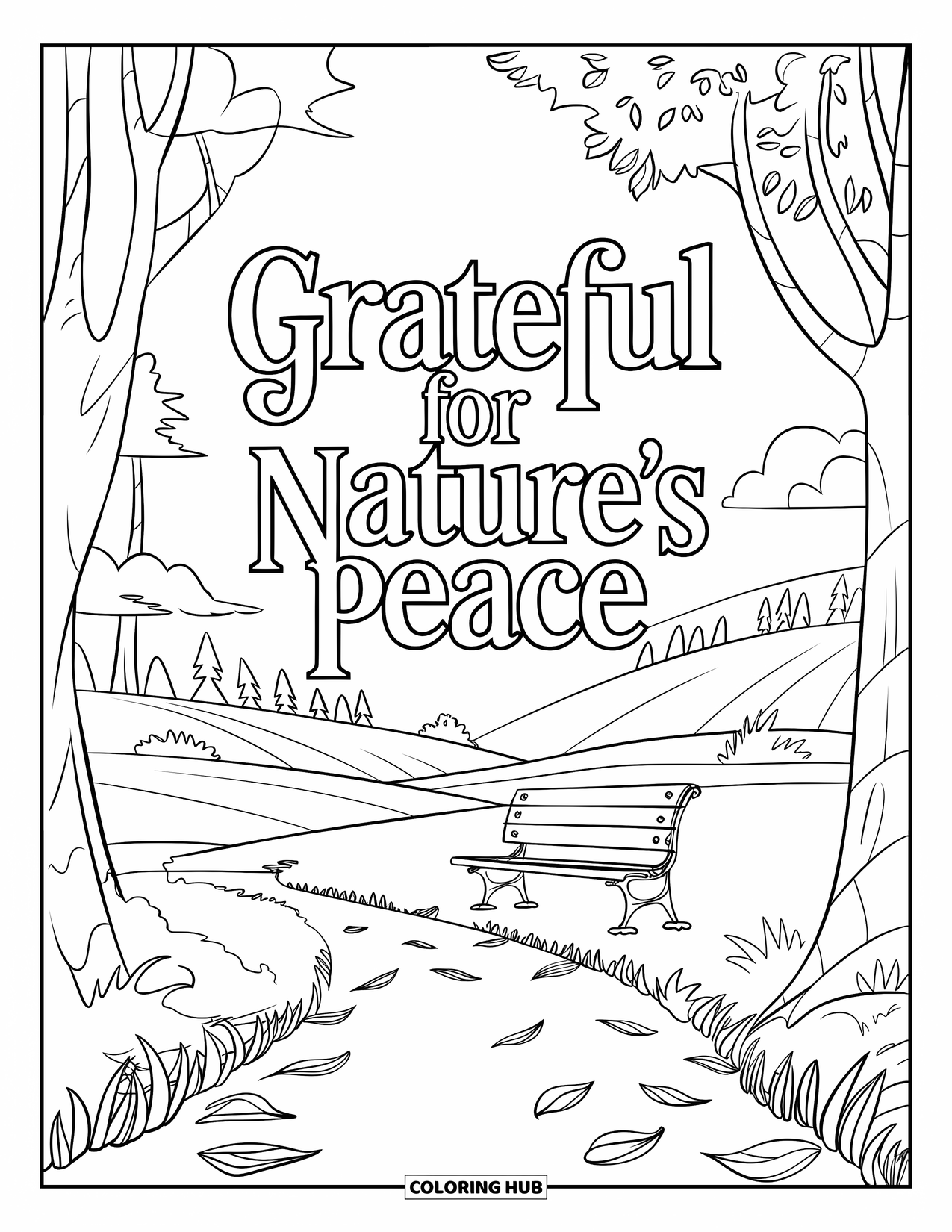 Grateful Coloring Page for Kids: A calm woodland path and bench beneath the words "Grateful for Nature's Peace"