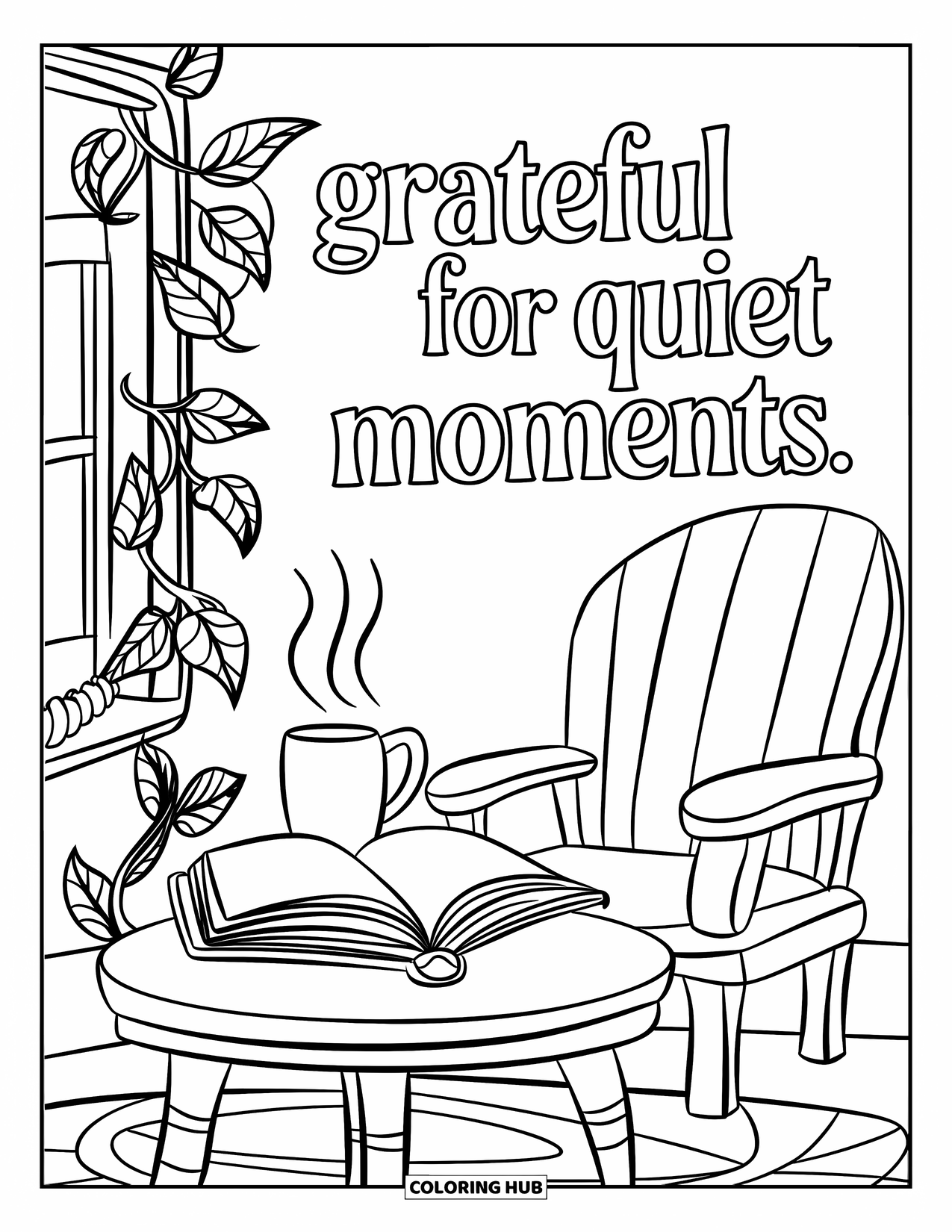 Grateful Coloring Page for Kids: A comfy reading spot with a mug and book says "Grateful for Quiet Moments"