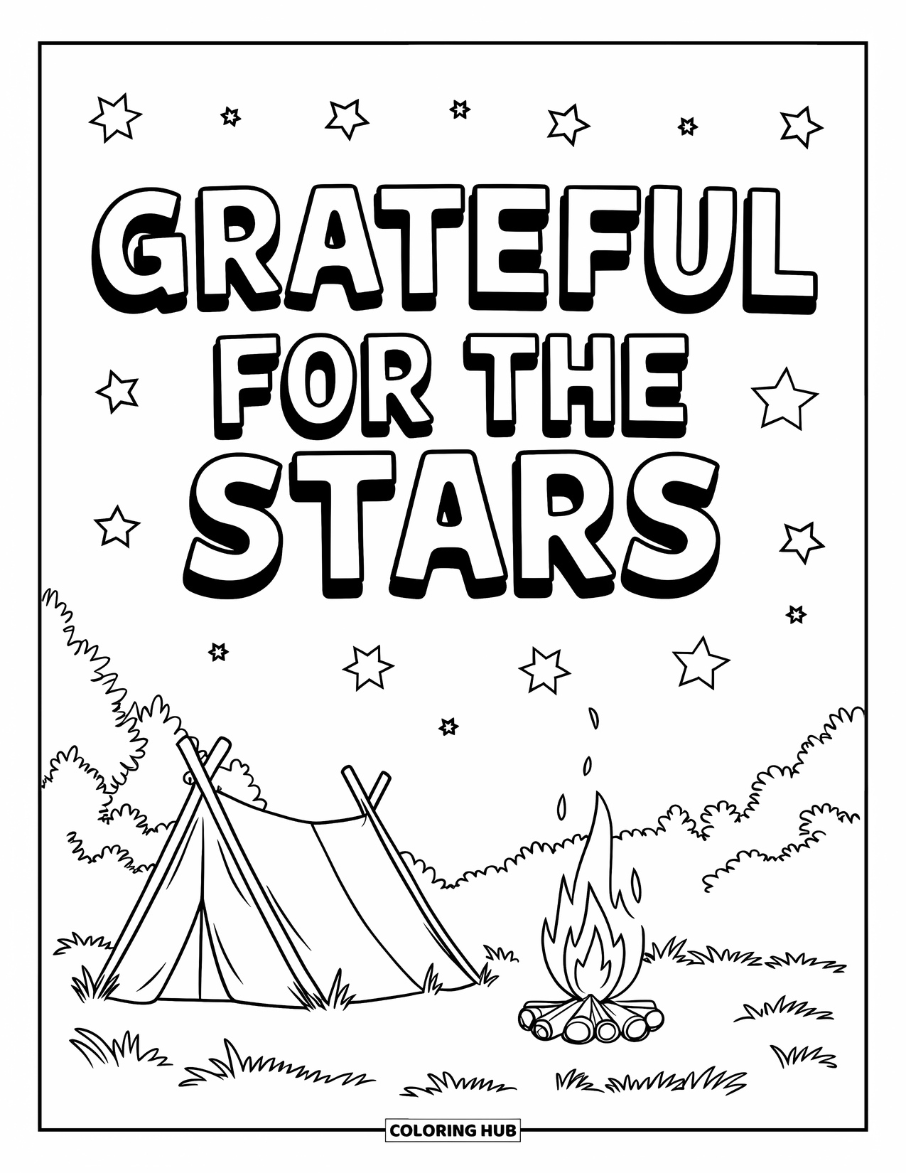 Grateful Coloring Page for Kids: A cozy campsite beneath twinkling stars with the phrase "Grateful for the Stars"