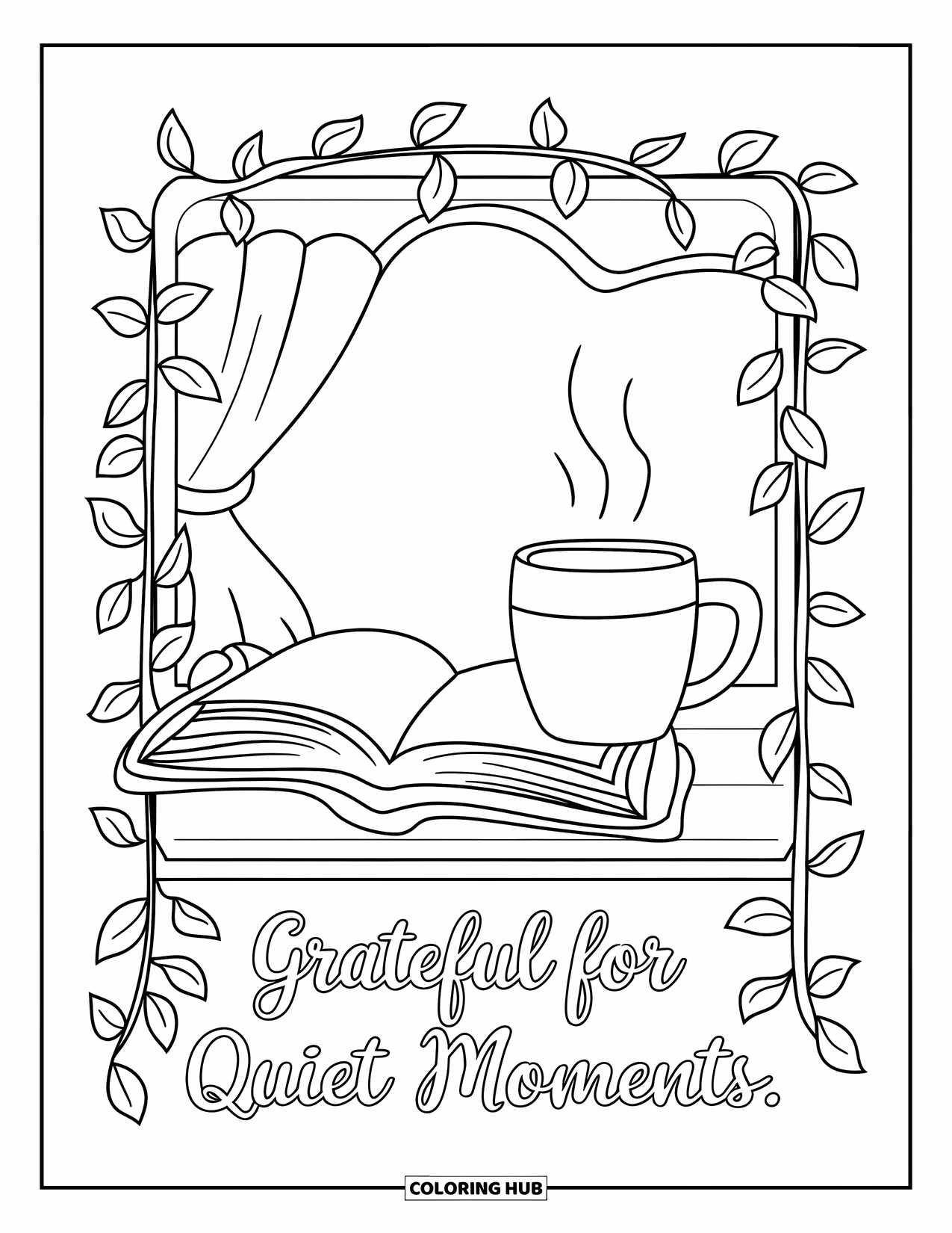 Grateful Coloring Page for Kids: A cozy nook with a book and mug reads "Grateful for Quiet Moments"