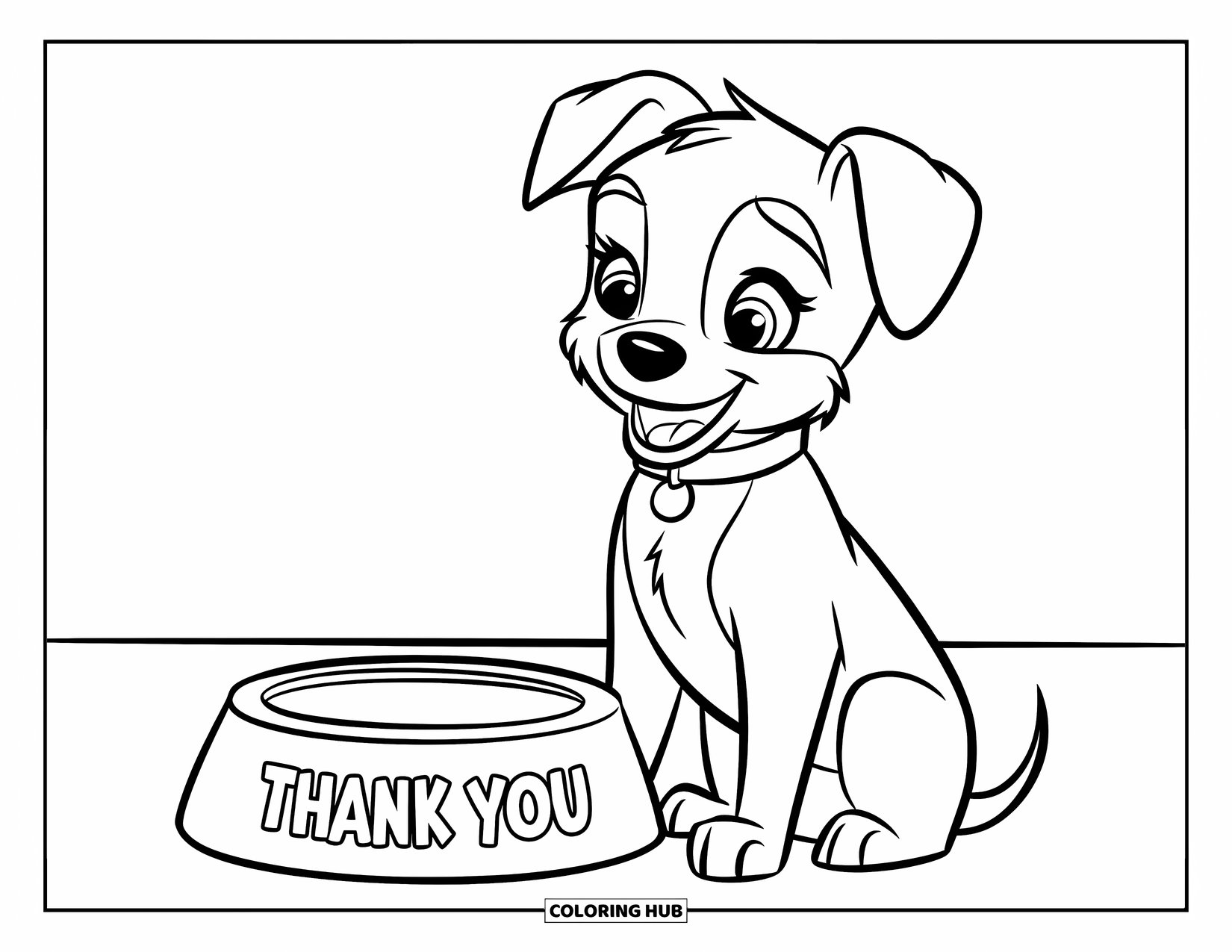 Grateful Coloring Page for Kids: A cute puppy with a collar sits near a "Thank You" bowl