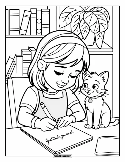 Grateful Coloring Page for Kids: A girl writes in her gratitude journal as her cat watches nearby