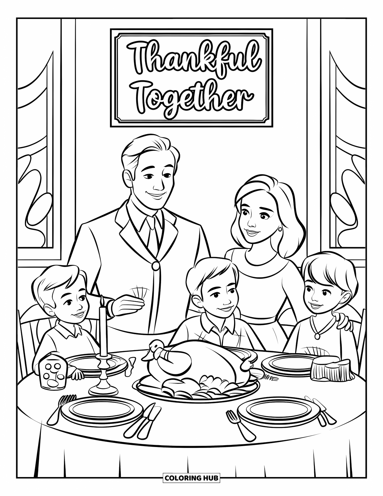 Grateful Coloring Page for Kids: A happy family enjoys dinner beside a sign that says "Thankful Together"
