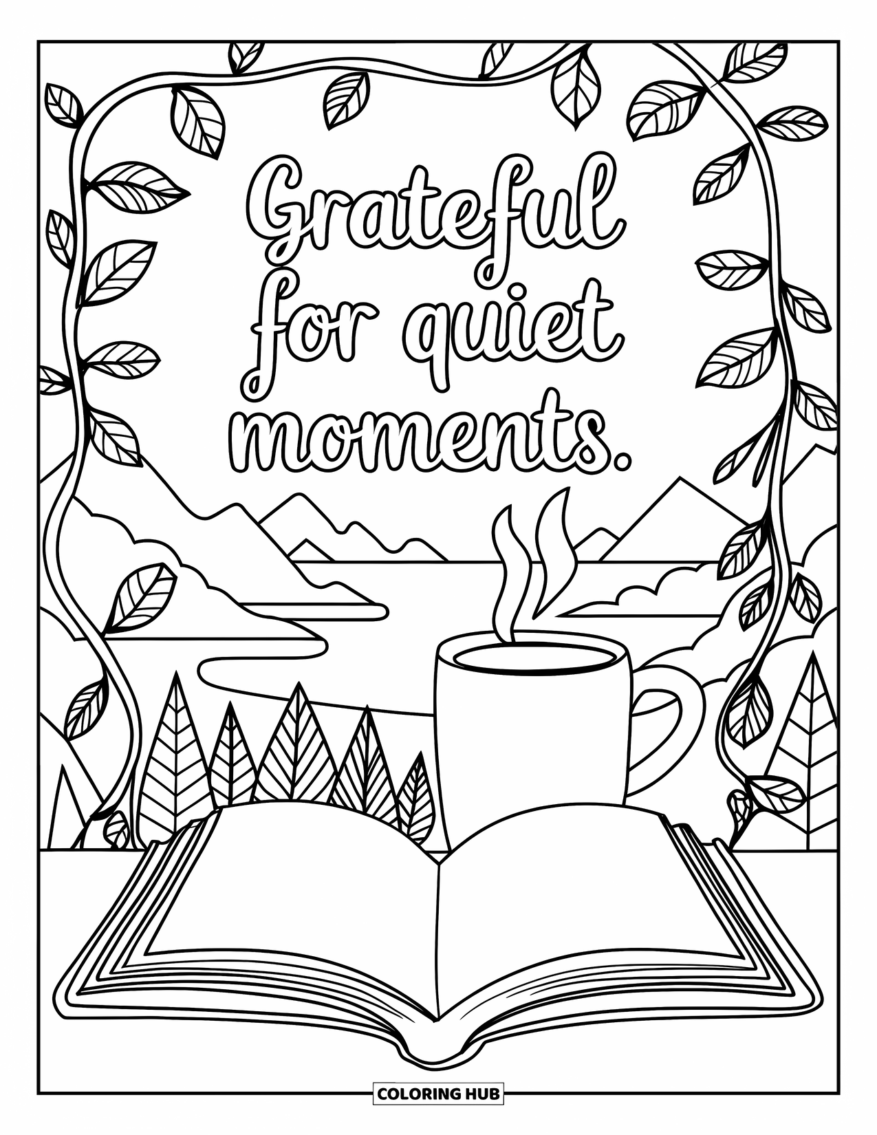 Grateful Coloring Page for Kids: A peaceful reading corner with "Grateful for Quiet Moments" above