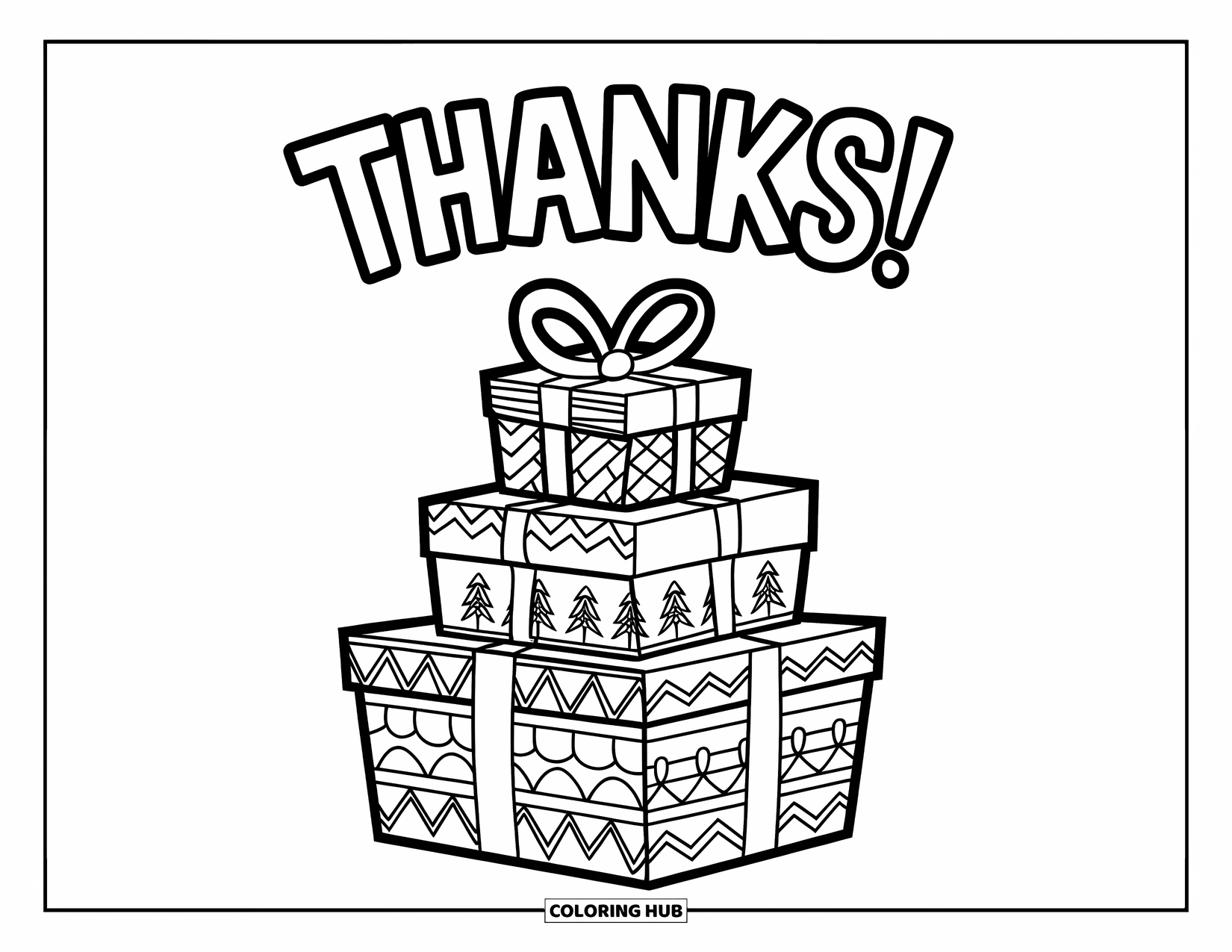 Grateful Coloring Page for Kids: A pile of festive gifts with the big word "Thanks!" above