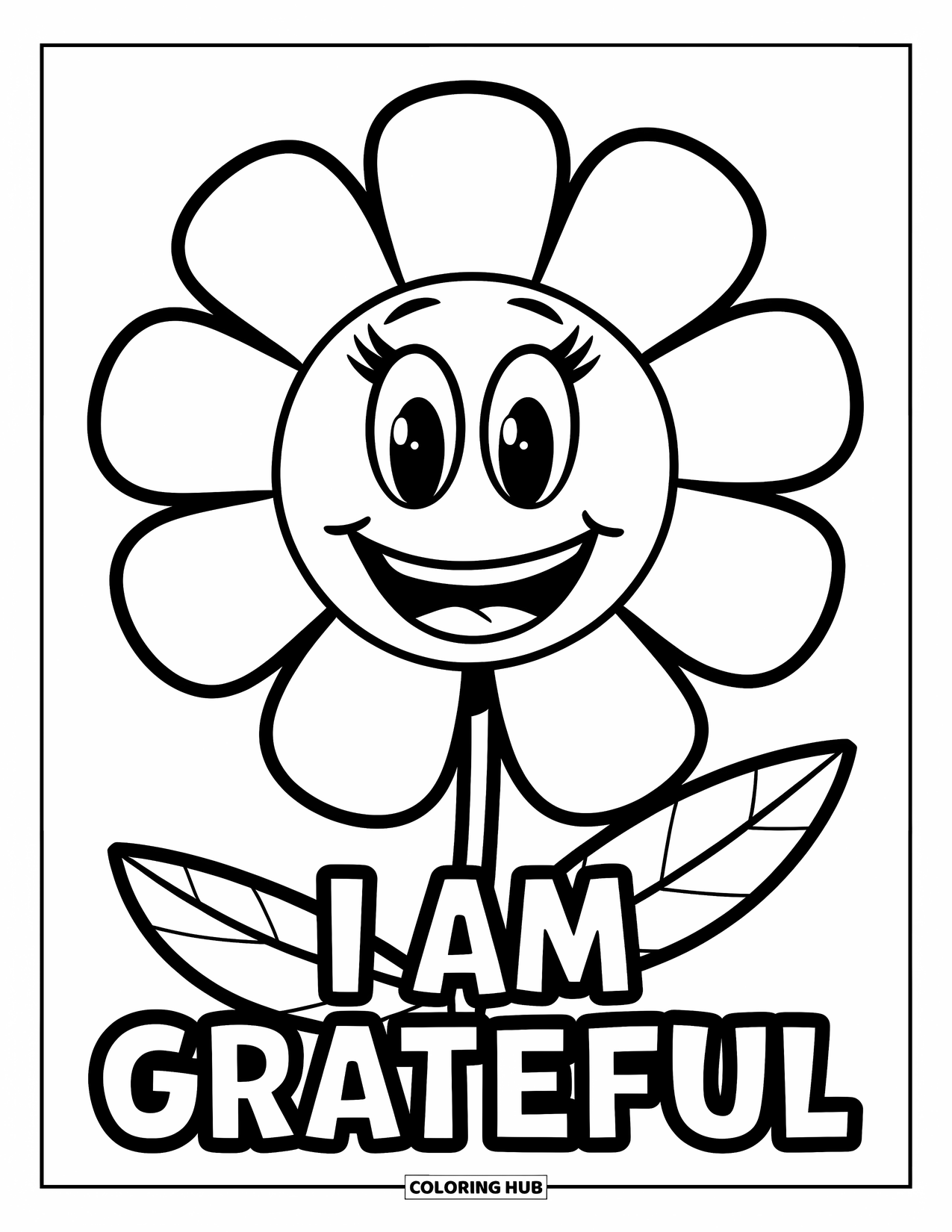 Grateful Coloring Page for Kids: A smiling flower with big petals says "I Am Grateful"