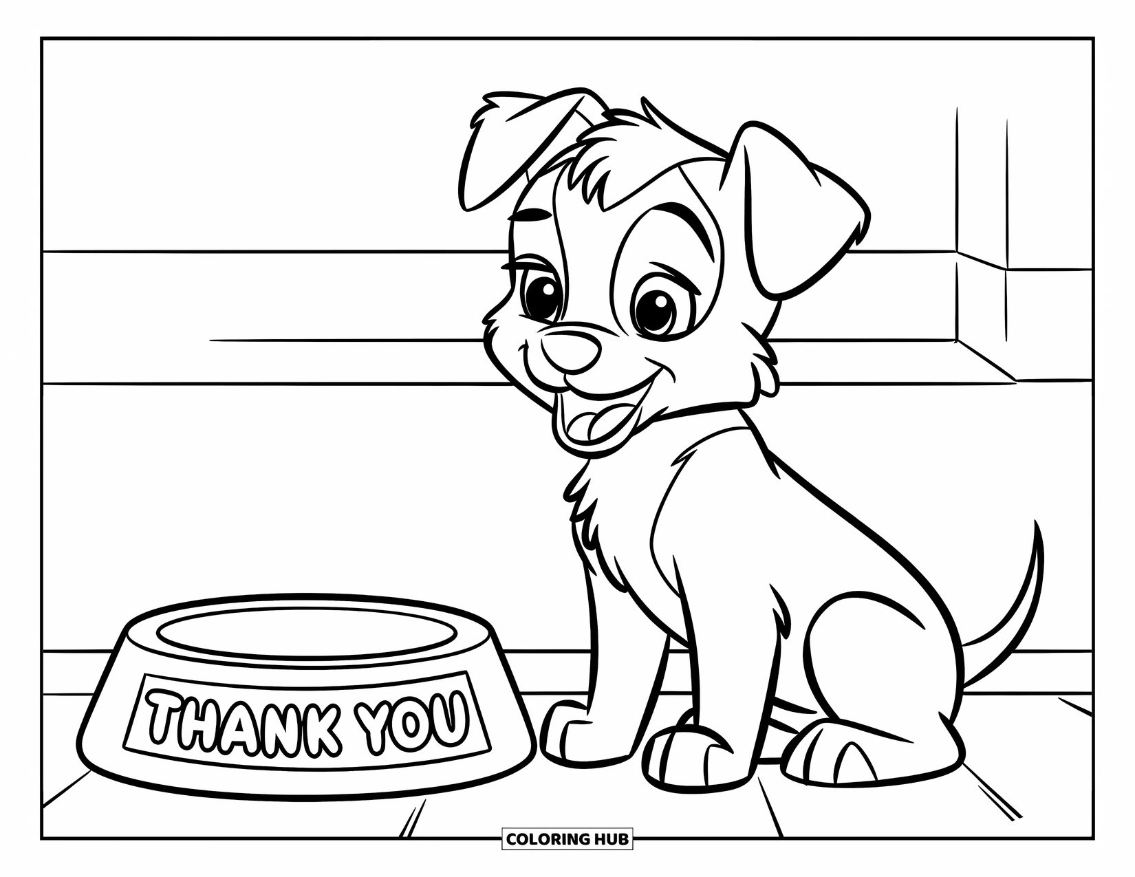 Grateful Coloring Page for Kids: A wagging puppy smiles beside a bowl marked "Thank You"