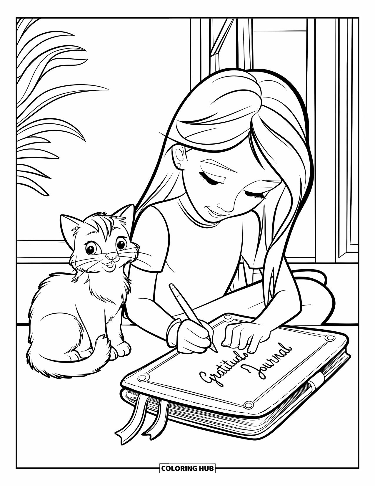 Grateful Coloring Page for Kids: A young girl writes in her journal while her cat sits close