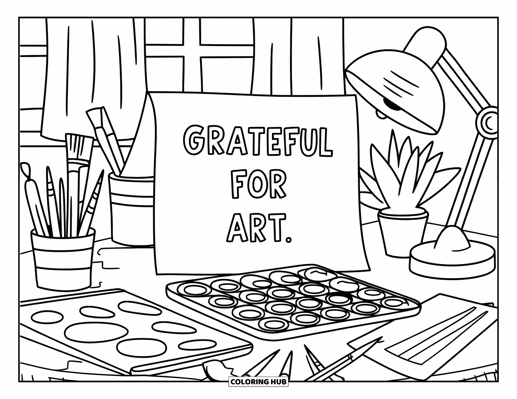 Grateful Coloring Page for Kids: An artist's desk with brushes, paints, and the message "Grateful for Art"
