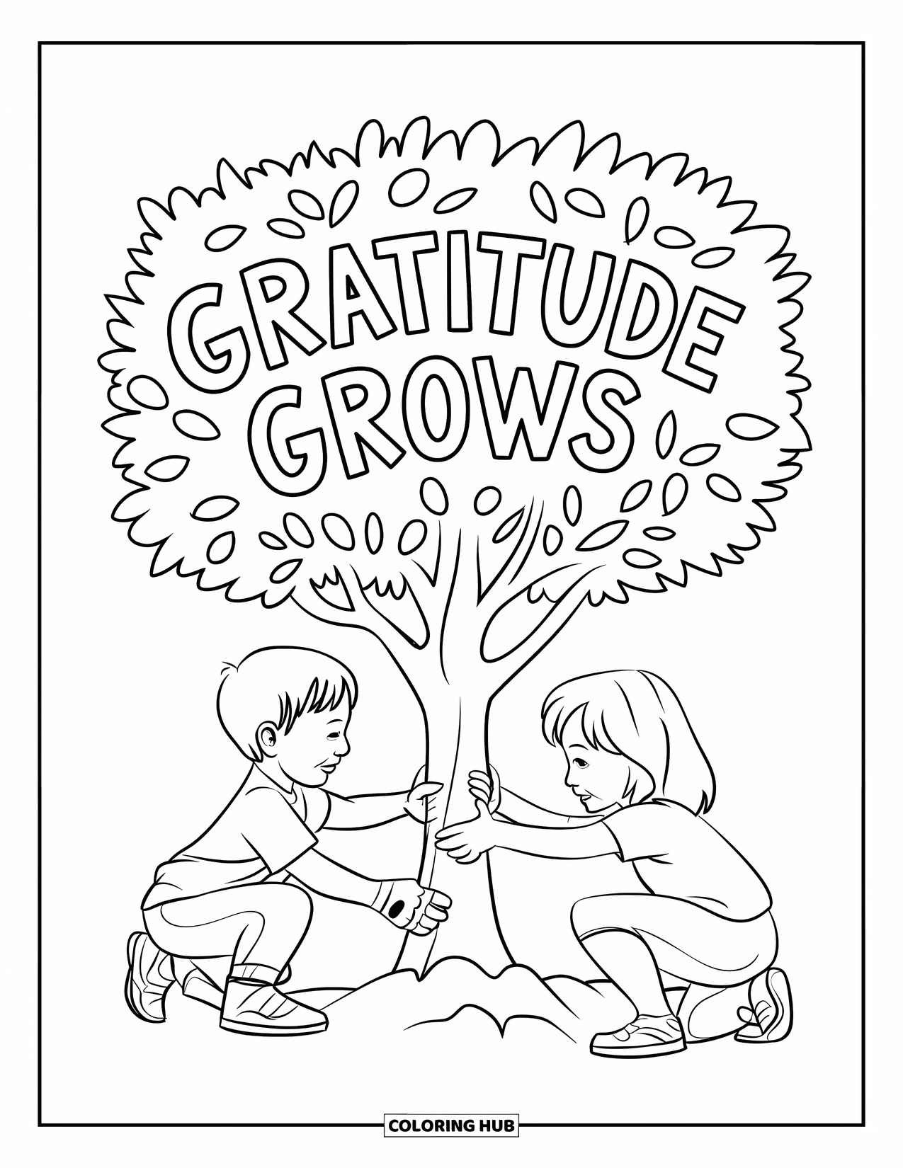 Grateful Coloring Page for Kids: Children happily plant a tree with the message "Gratitude Grows"