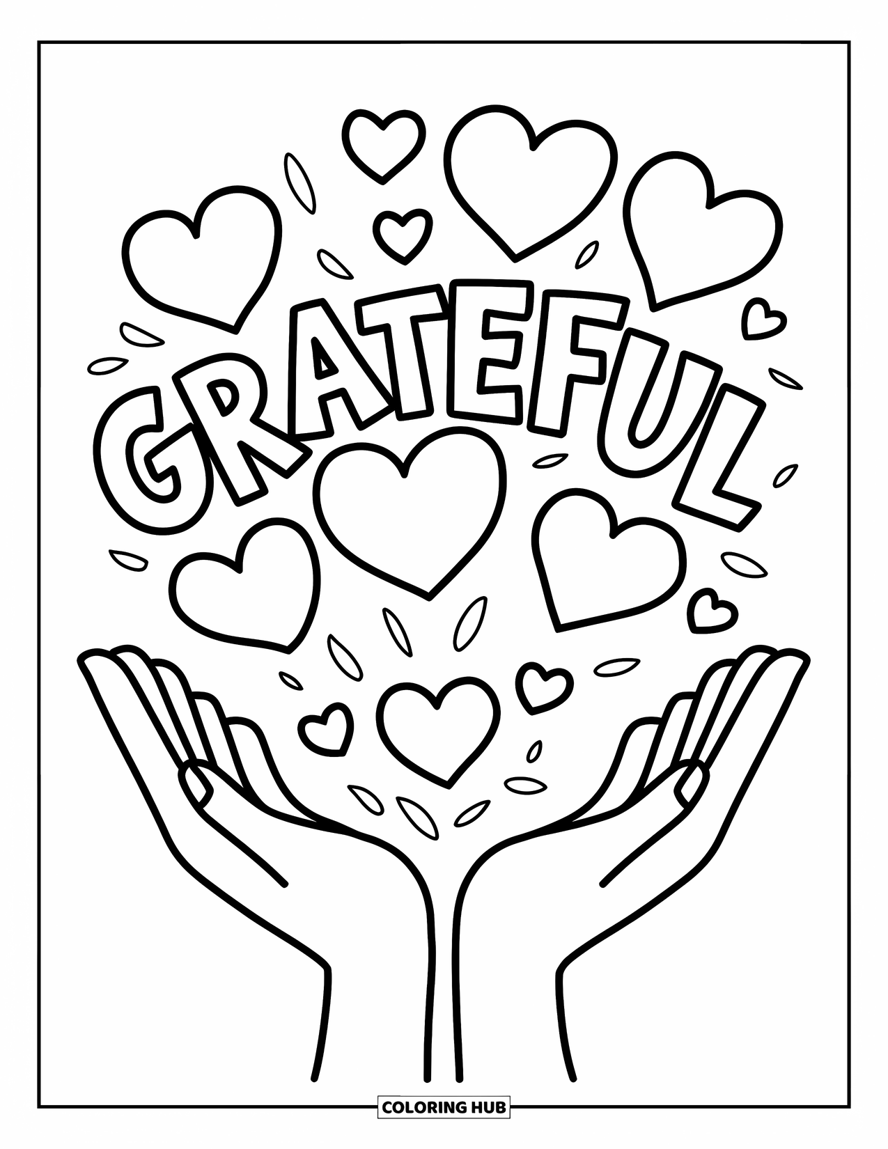 Grateful Coloring Page for Kids: Hands open wide, releasing hearts with "Grateful" in the air