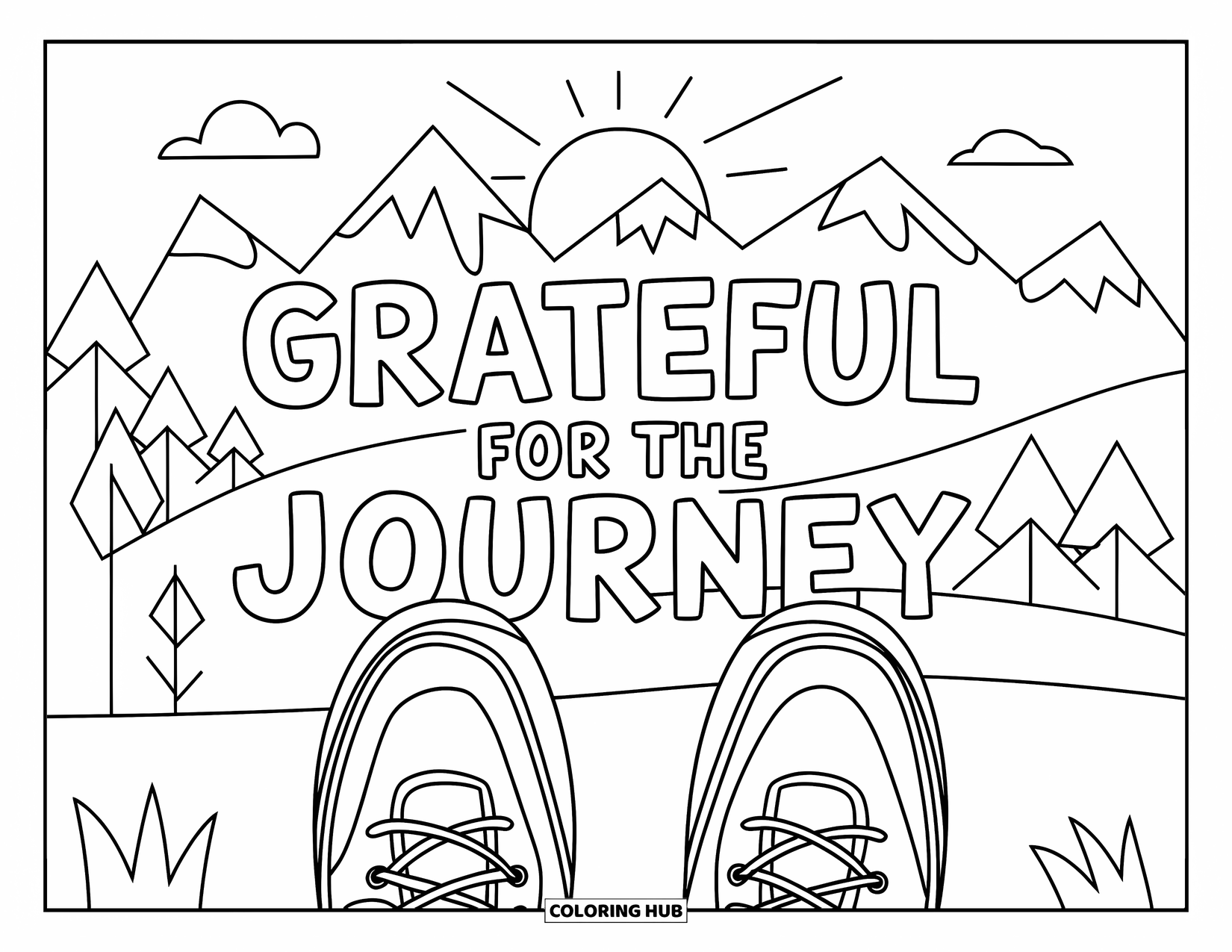 Grateful Coloring Page for Kids: Hiking boots rest before a sunrise with "Grateful for the Journey" across the sky