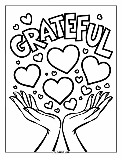 Grateful Coloring Page for Kids: Open hands release hearts with the word "Grateful" above