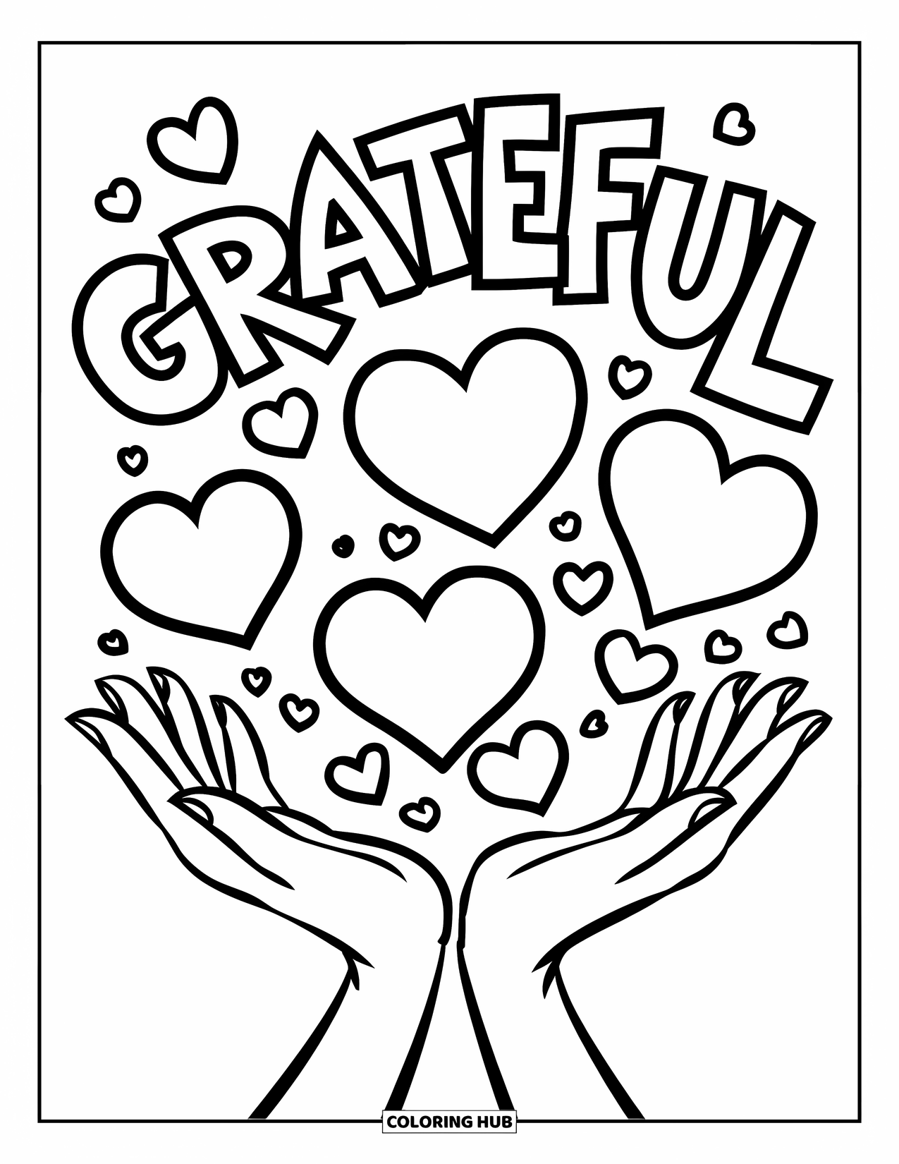 Grateful Coloring Page for Kids: Open hands release hearts with the word "Grateful" above