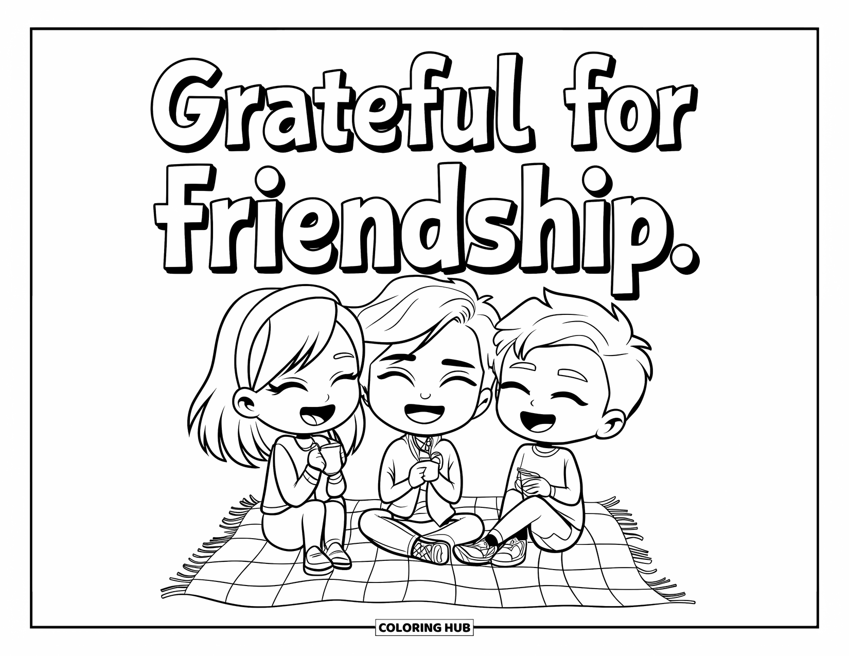 Grateful Coloring Page for Kids: Three cheerful teens share a picnic and laughter beneath the phrase "Grateful for Friendship"