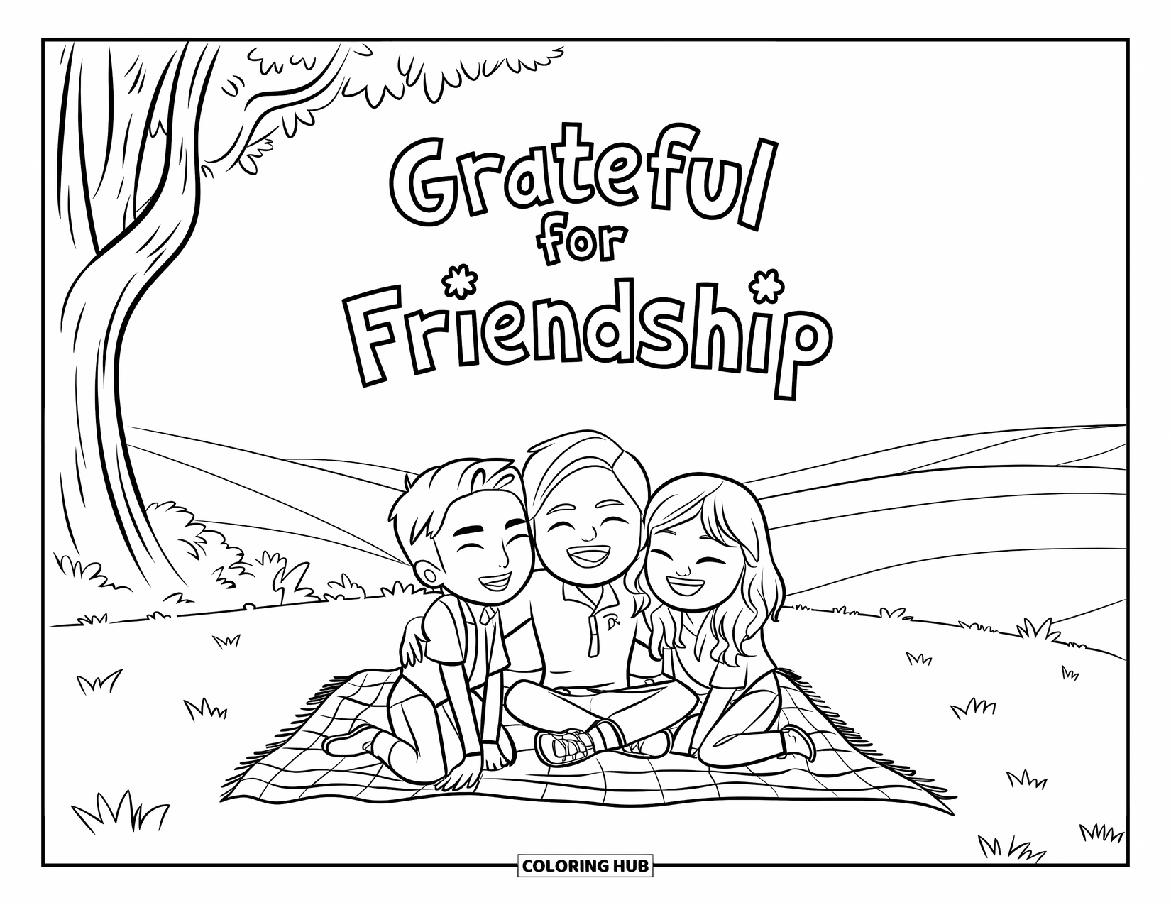 Grateful Coloring Page for Kids: Three smiling teens enjoy a picnic beneath the message "Grateful for Friendship"