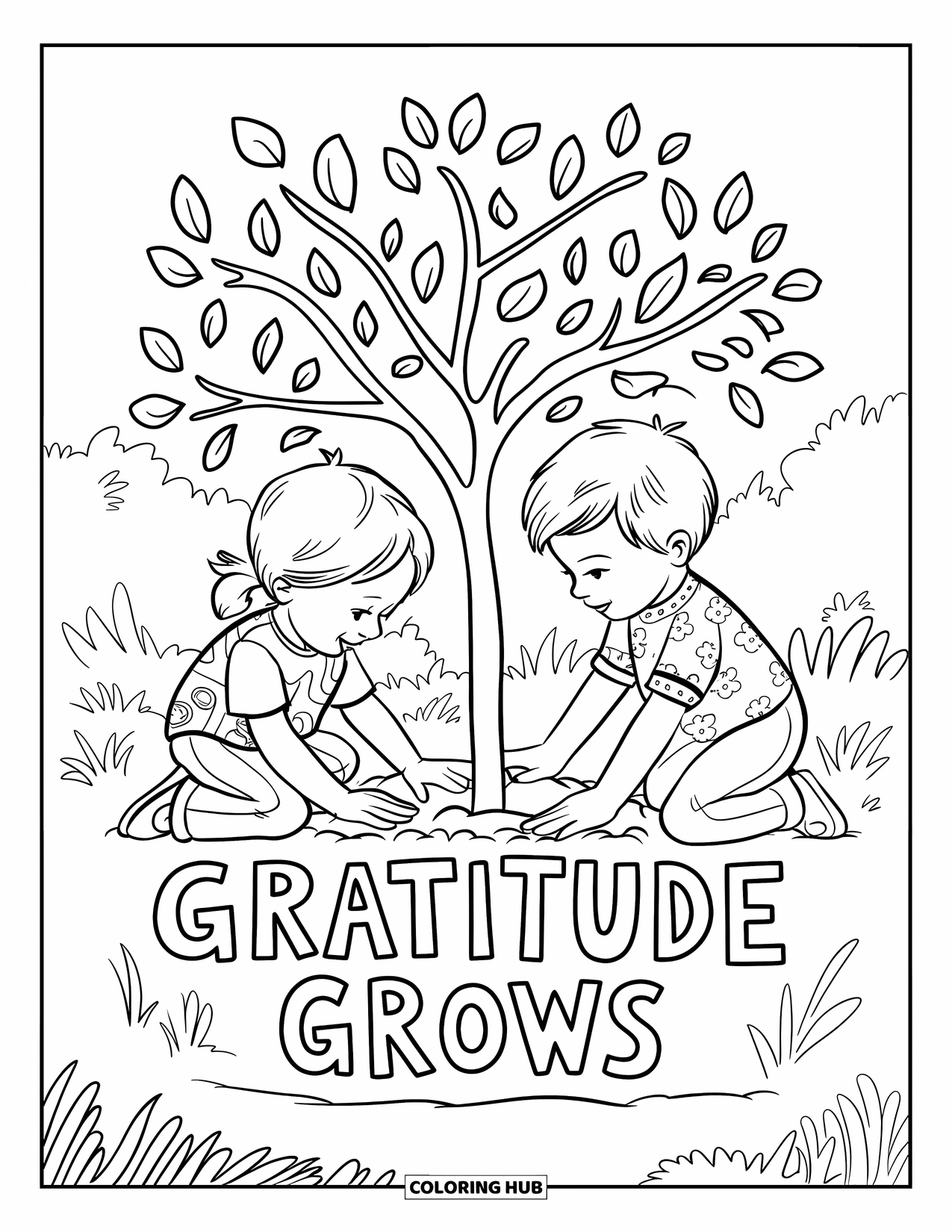 Grateful Coloring Page for Kids: Two smiling kids plant a tree marked with "Gratitude Grows"