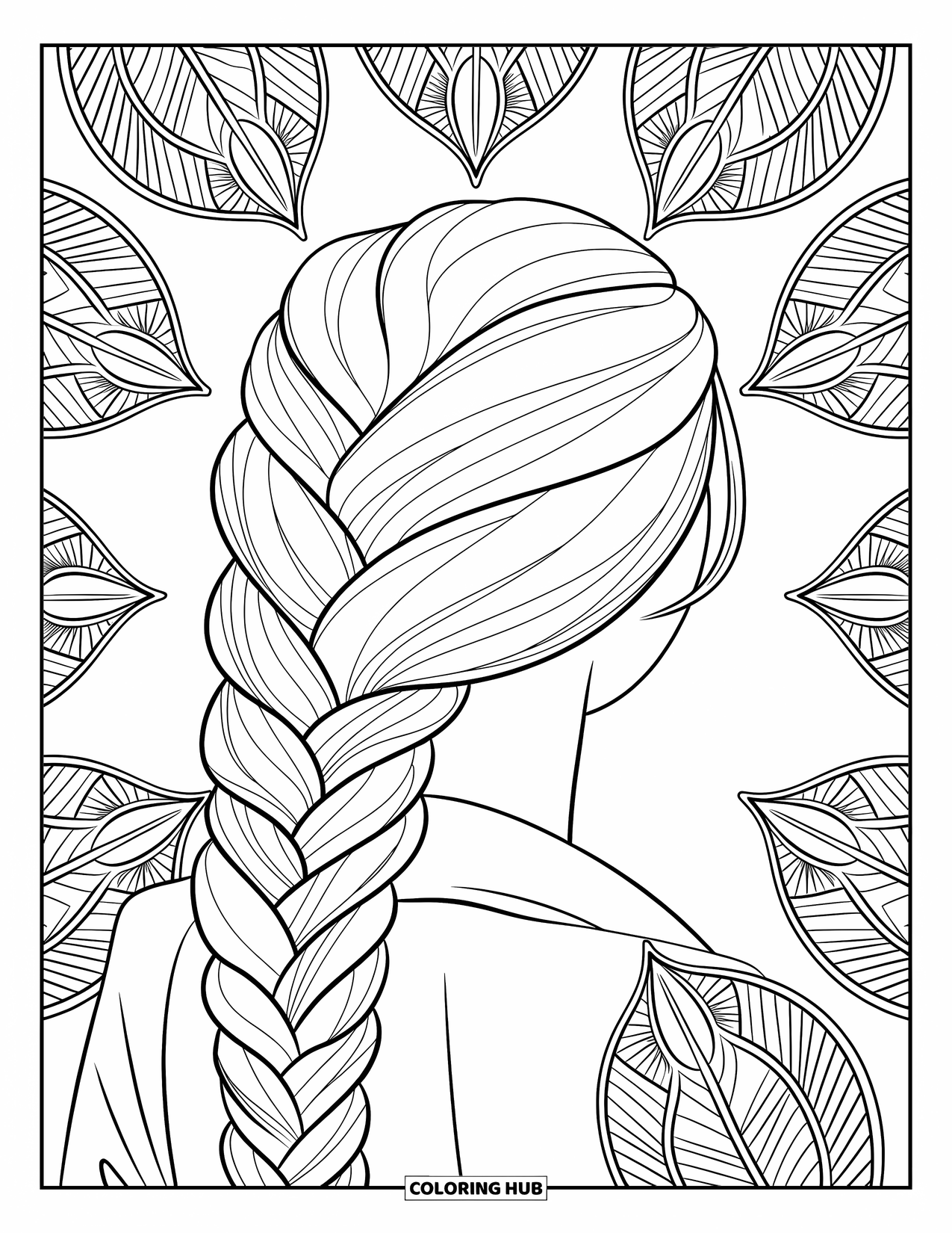 Hair Coloring Page for Adults: A close-up of a fishtail braid surrounded by mandala leaves