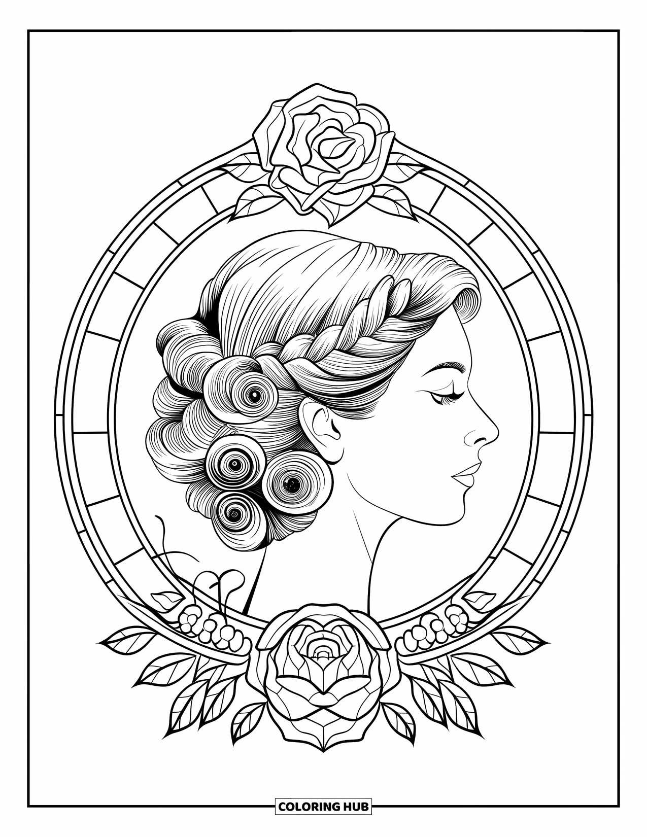 Hair Coloring Page for Adults: A detailed French twist adorned with a rose-shaped ornament