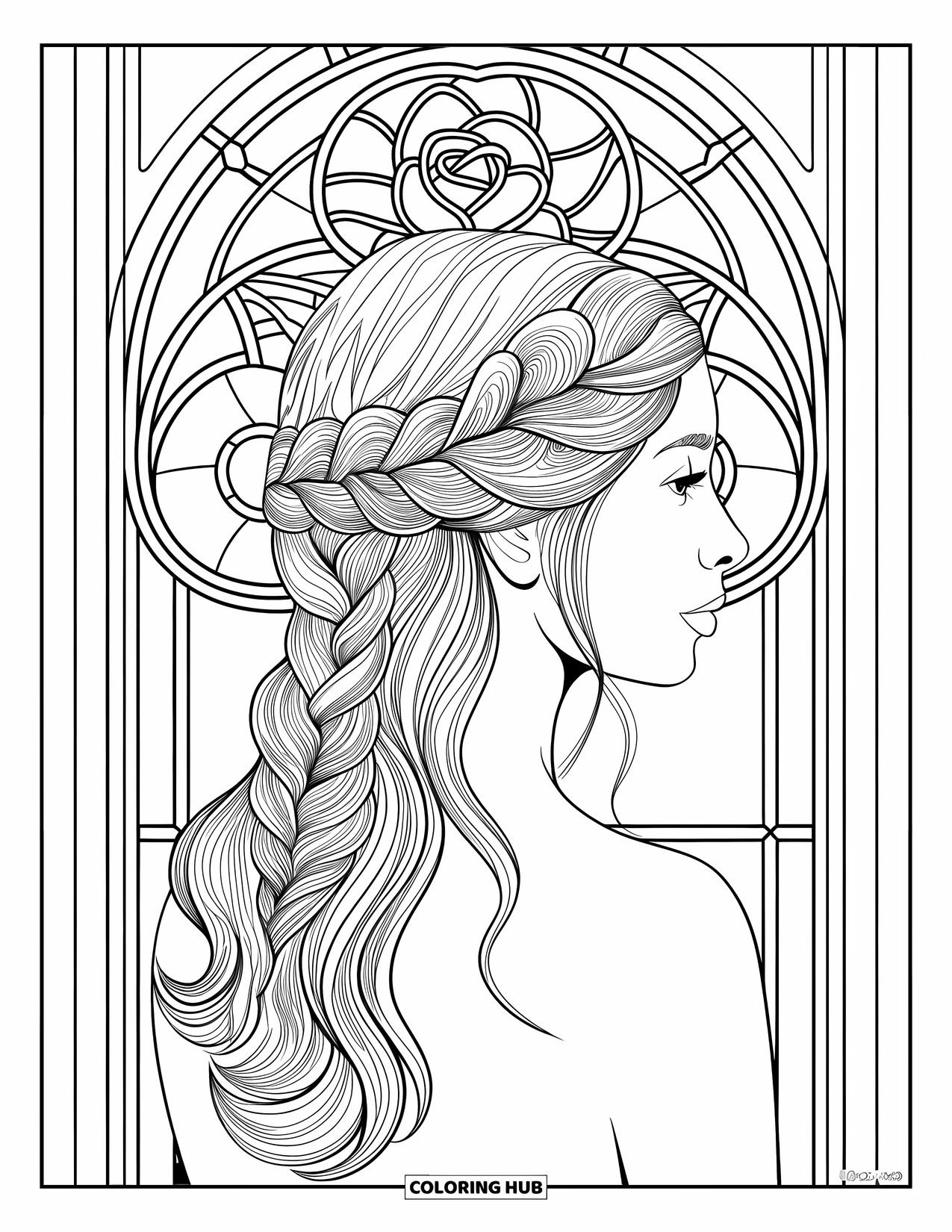 Hair Coloring Page for Adults: A French twist hairstyle encircled by a stained glass rose frame