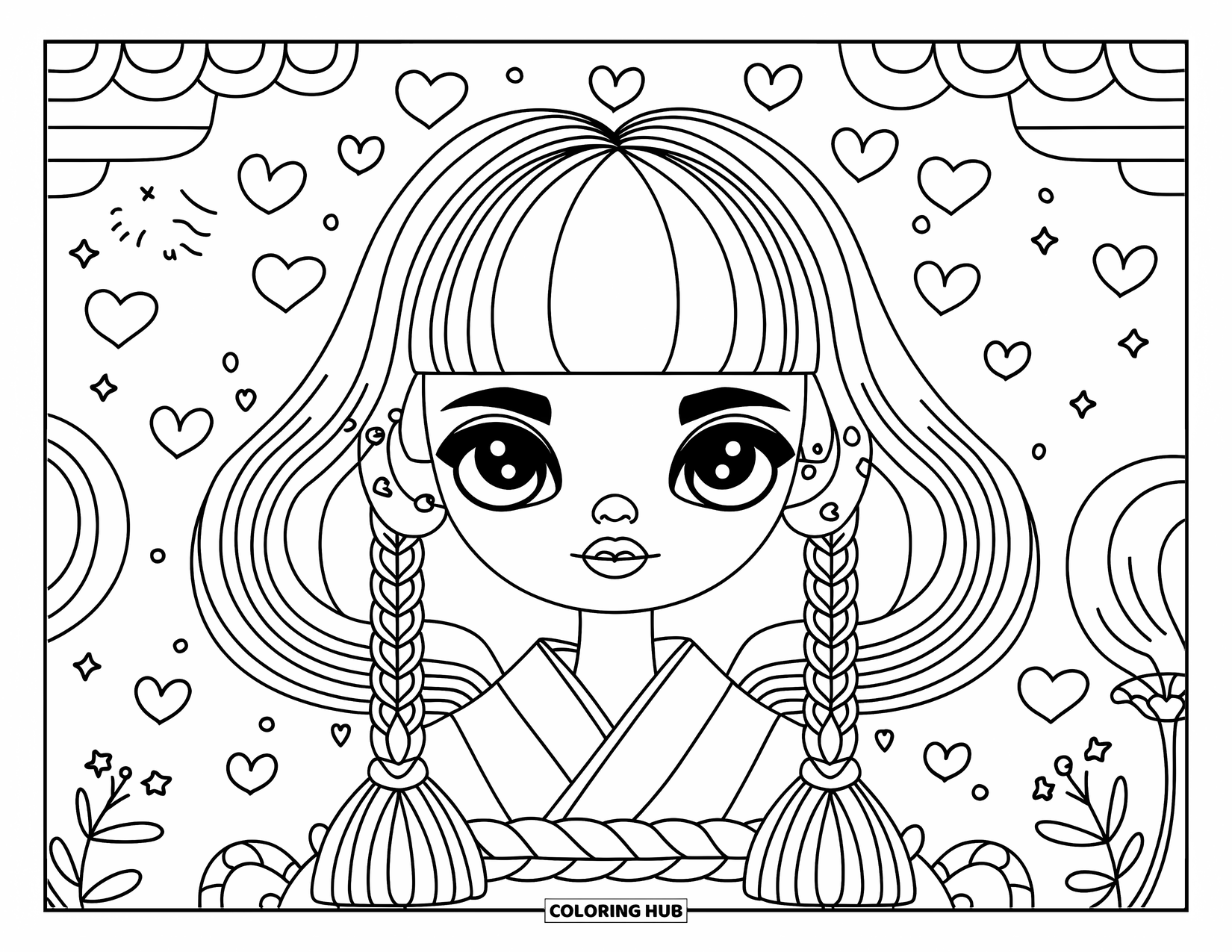Hair Coloring Page for Adults: A girl with a hime cut surrounded by tiny hearts, stars, and flowers