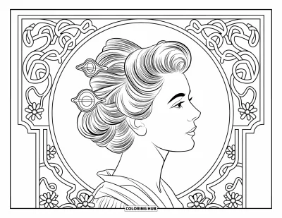 Desen de colorat cu coafuri pentru adulți: Coc vintage înconjurat de viță-de-vie și modele florale Art Nouveau