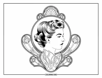 Desen de colorat cu coafuri pentru adulți: Coc vintage împodobit cu motive florale Art Nouveau și șuvițe libere