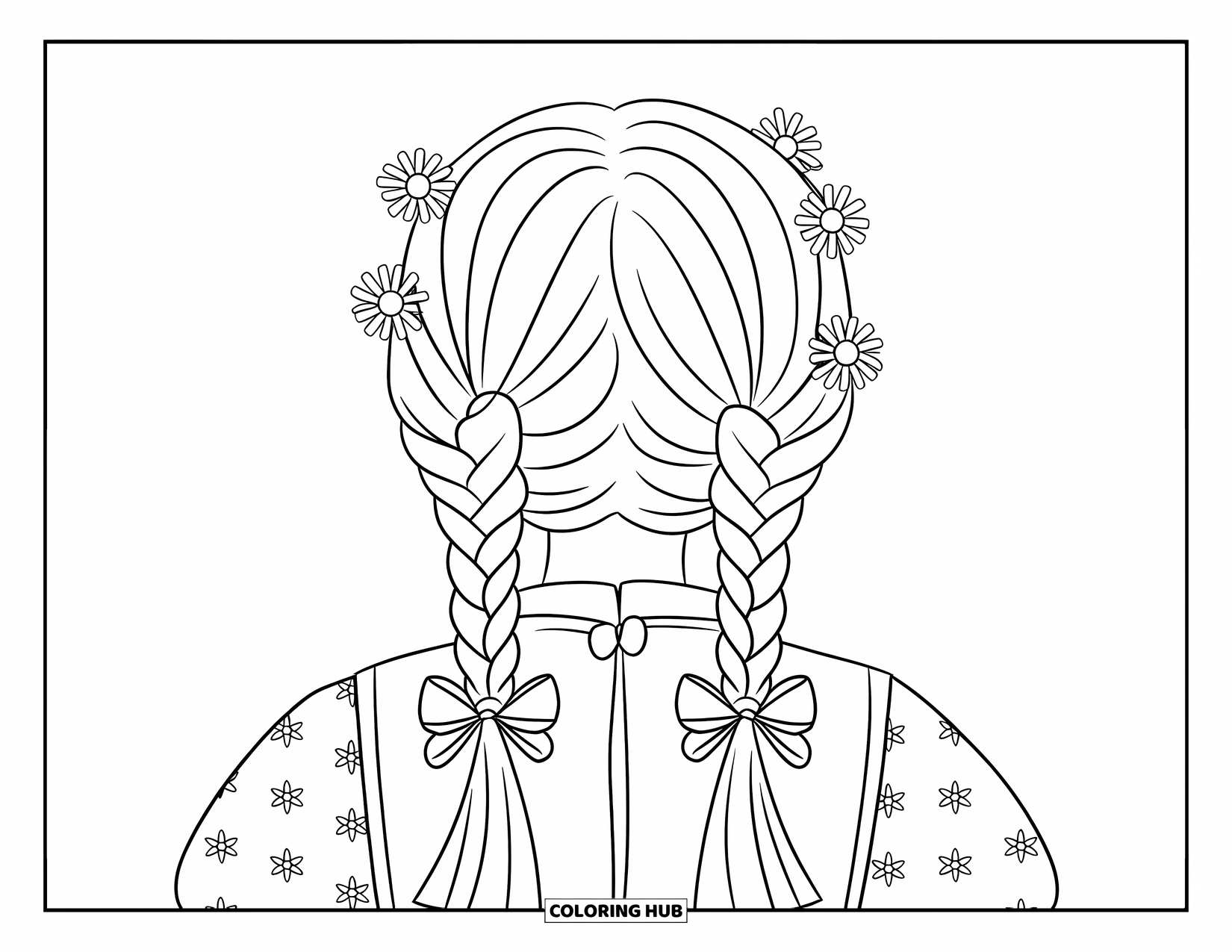 Hair Coloring Page for Kids: A back view of twin braids with flowers and a simple dress