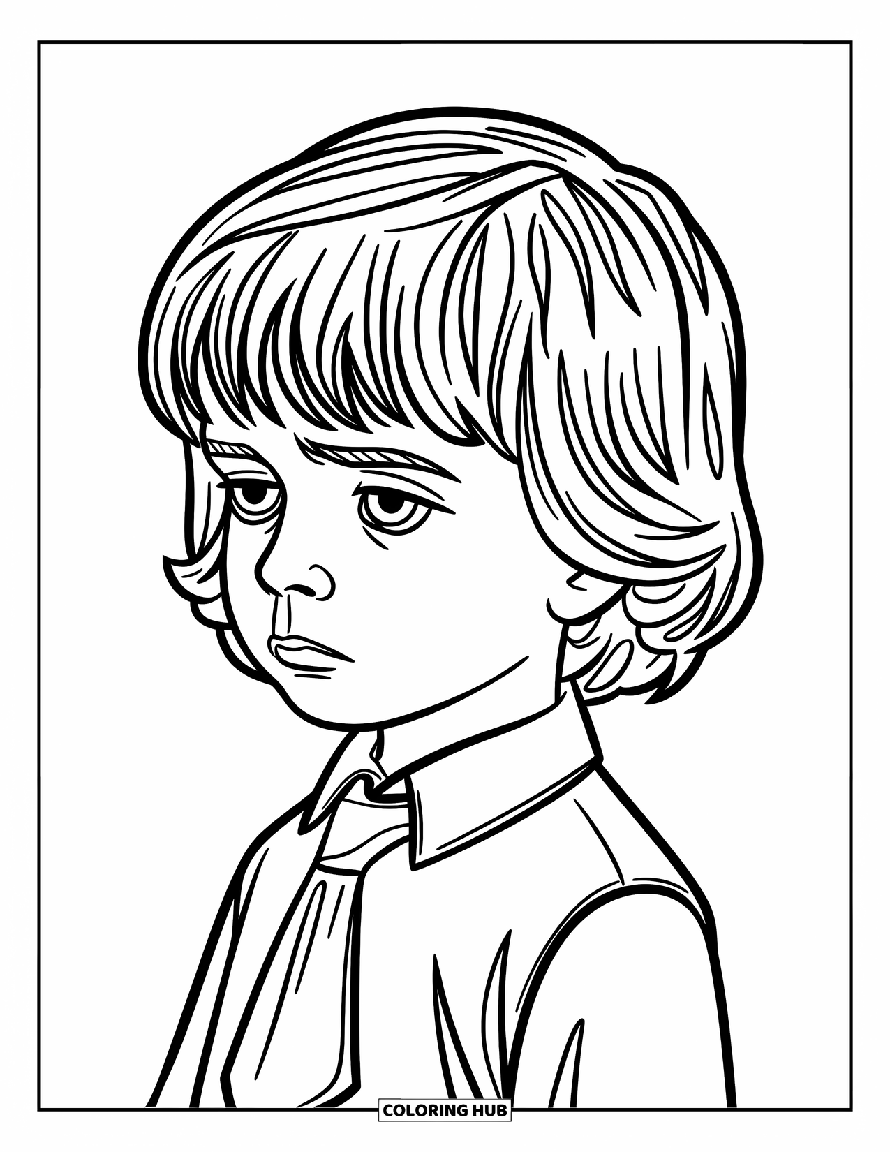 Hair Coloring Page for Kids: A boy with curtain bangs and a red tie gazes thoughtfully to the side