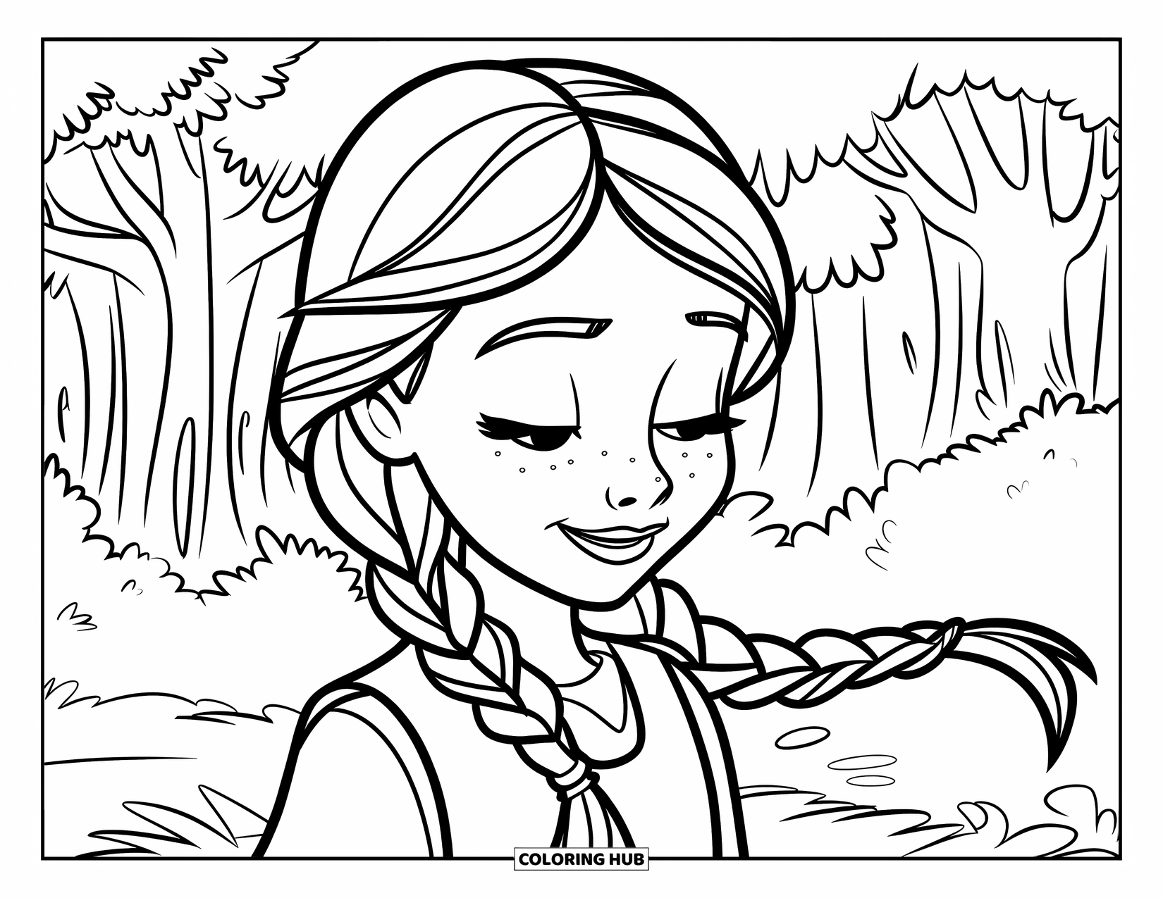 Hair Coloring Page for Kids: A braided girl smiles with her eyes closed in a green forest