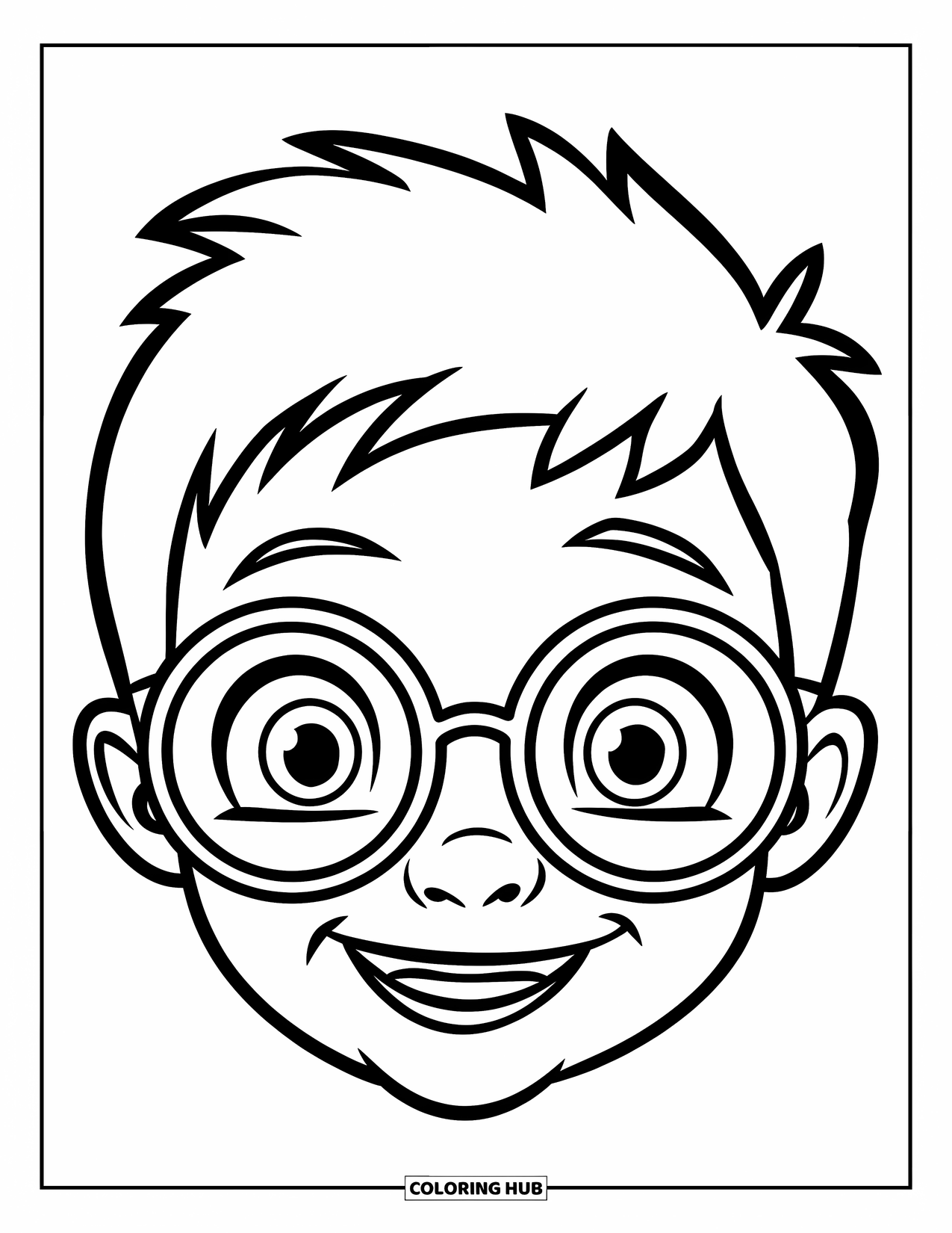 Hair Coloring Page for Kids: A cheerful boy with glasses and spiky hair smiles at the viewer