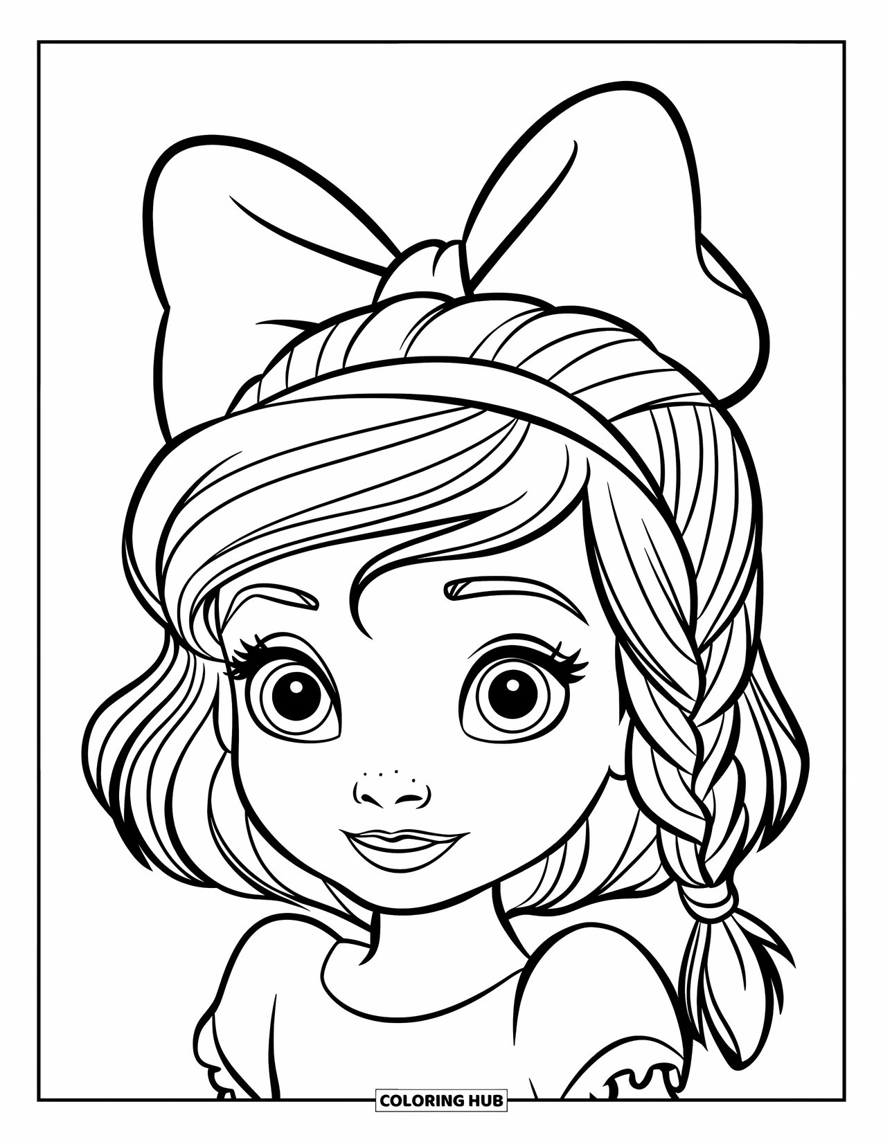 Hair Coloring Page for Kids: A girl with a single braid tied with a large bow smiles sweetly