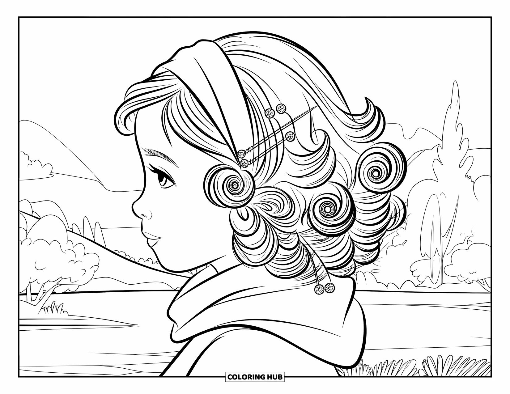 Hair Coloring Page for Kids: A girl with loose curls and a scarf gazes at a peaceful landscape