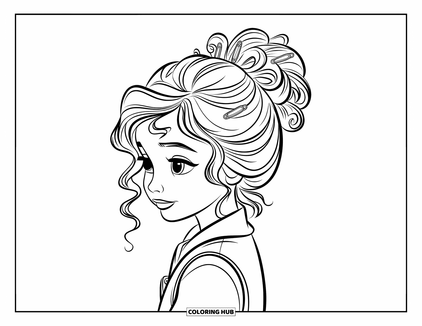 Hair Coloring Page for Kids: A girl with loose curls in a bun smiles with decorative pins in her hair
