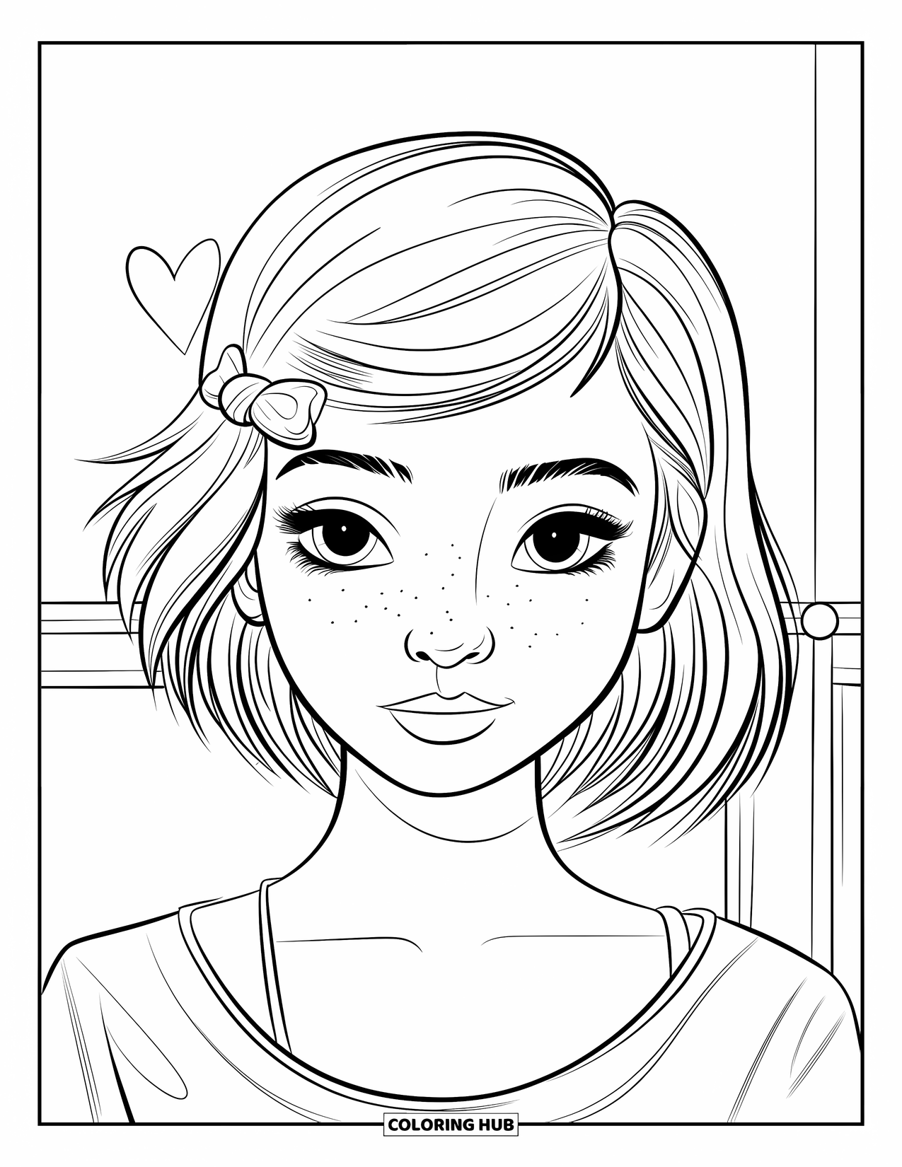 Hair Coloring Page for Kids: A short-and-long-haired girl with a pink bow smiles near a wall